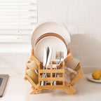 HBlife Dish Rack, Bamboo Folding 2-Tier Collapsible Drainer Dish Drying Rack with Utensils Flatware Holder Set (Dish Rack with Utensil Holder)