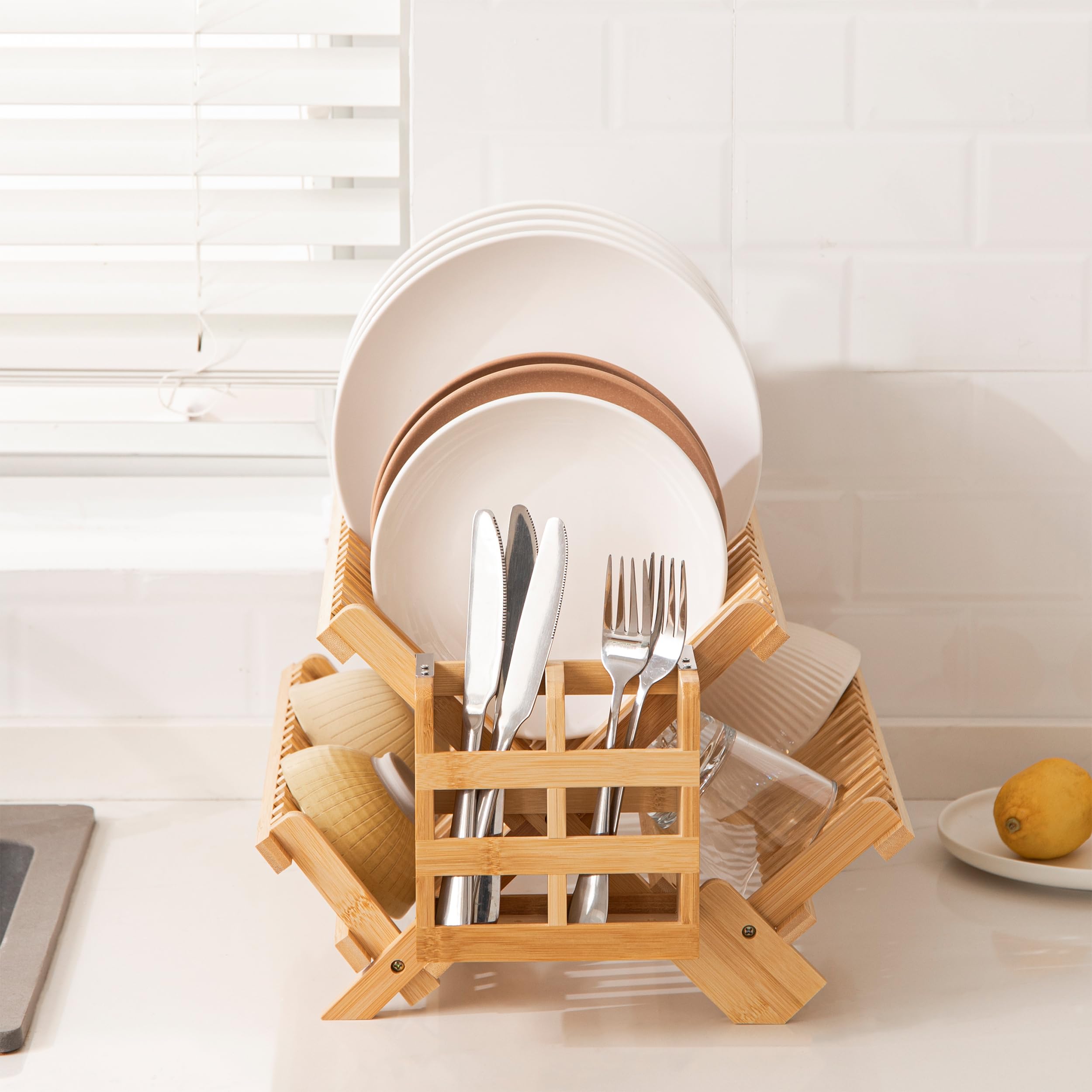 HBlife Dish Rack, Bamboo Folding 2-Tier Collapsible Drainer Dish Drying Rack with Utensils Flatware Holder Set (Dish Rack with Utensil Holder)