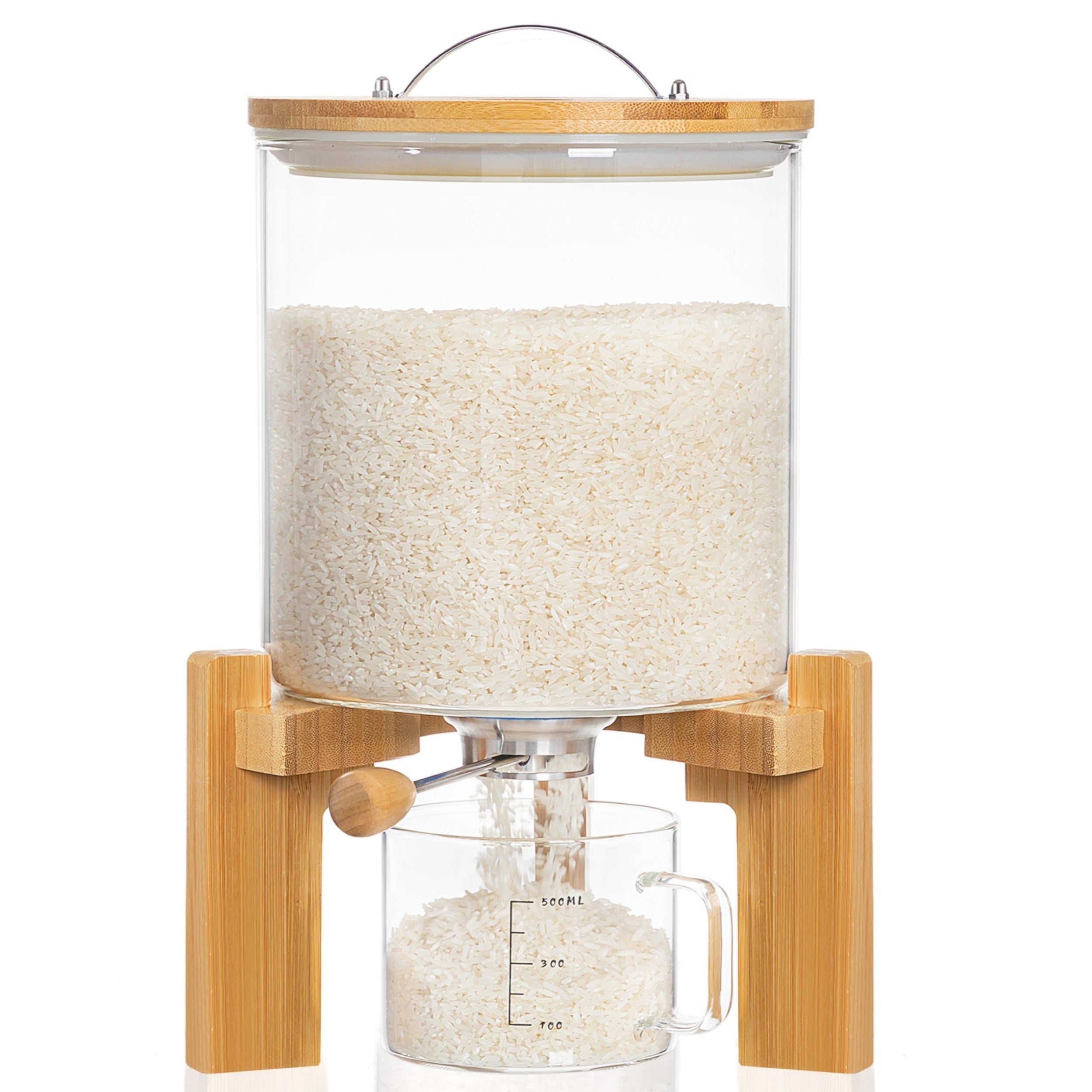 HBlife 5-7 Lbs Glass Rice Dispenser with Wooden Stand Flour and Cereal Container with Glass Measuring Cup Pantry Food Organization Storage Bin with Airtight Bamboo Lid, 3L