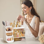 HBlife Makeup Organizer with Brush Holder for Vanity, Large Plastic Bathroom Countertop Organizer Skin Care Storage, Easy to Store Lipsticks, Nail Polishes, Perfumes, Eyeshadow Palettes, All Beige