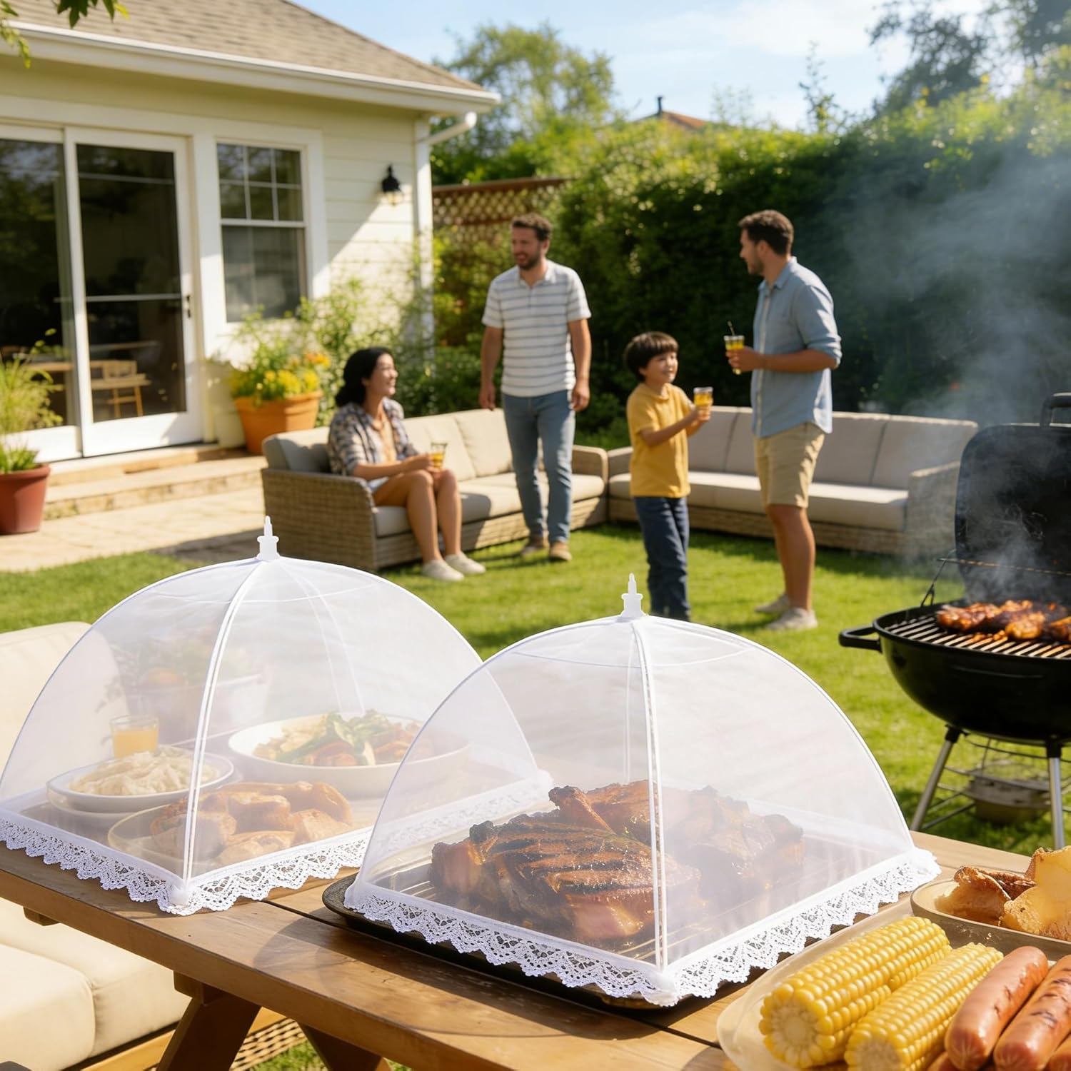 Mesh Food Covers for Outside - 1 Extra Large (40 x 24 in) & 6 Large (17 x 17 in) Food Tents, Collapsible and Reusable Food Covers for Outdoors Picnic, BBQ, Camping, Party Supplies