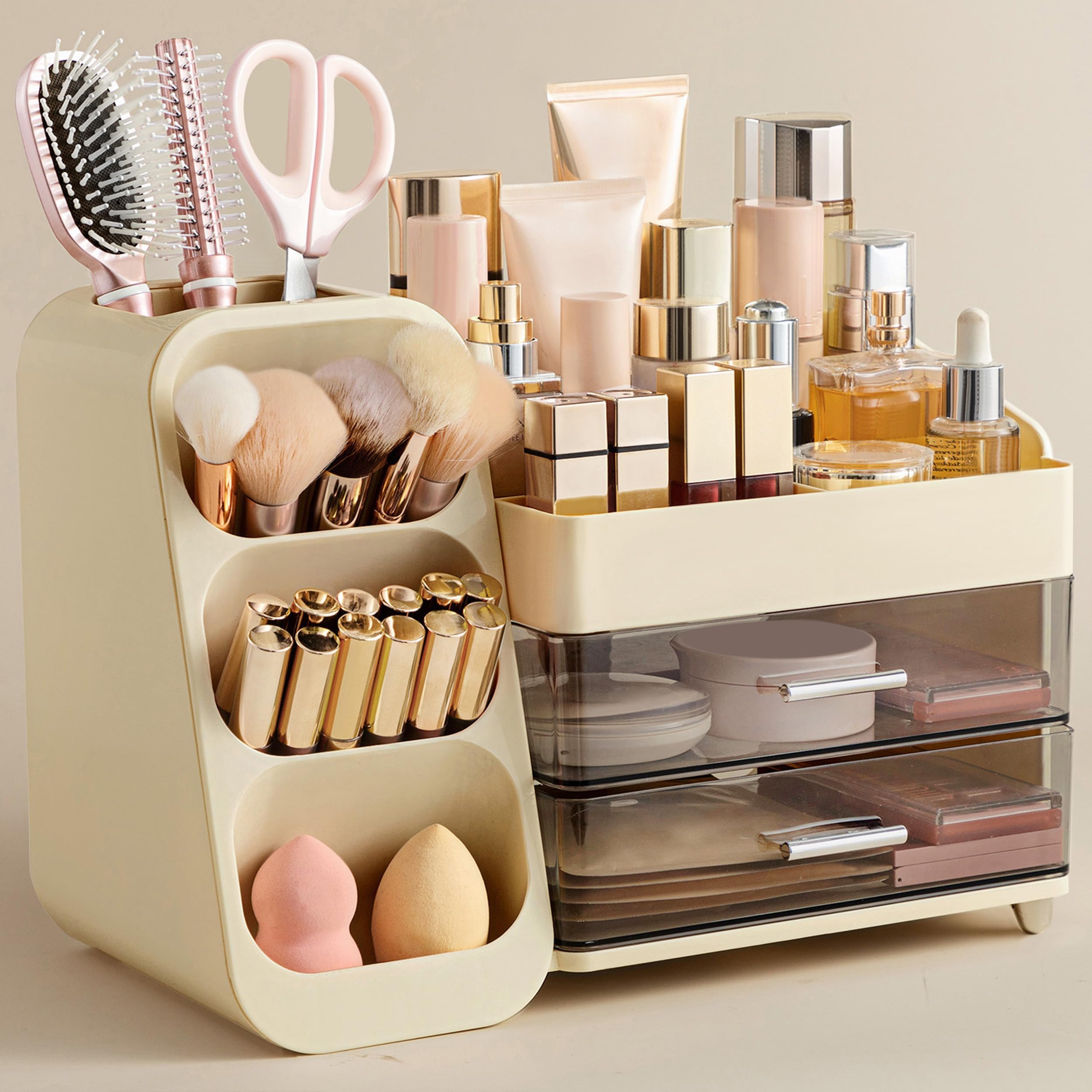 HBlife Makeup Organizer with Brush Holder for Vanity, Large Plastic Bathroom Countertop Organizer Skin Care Storage, Easy to Store Lipsticks, Nail Polishes, Perfumes, Eyeshadow Palettes, All Beige
