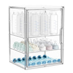 HBlife Baby Bottle Storage Organizer for Countertop Cabinet, 3 Tiers Adjustable Clear Acrylic Bottles Storage Station Case Box Container with 2 Removable Dividers and Magnetic Door, Large