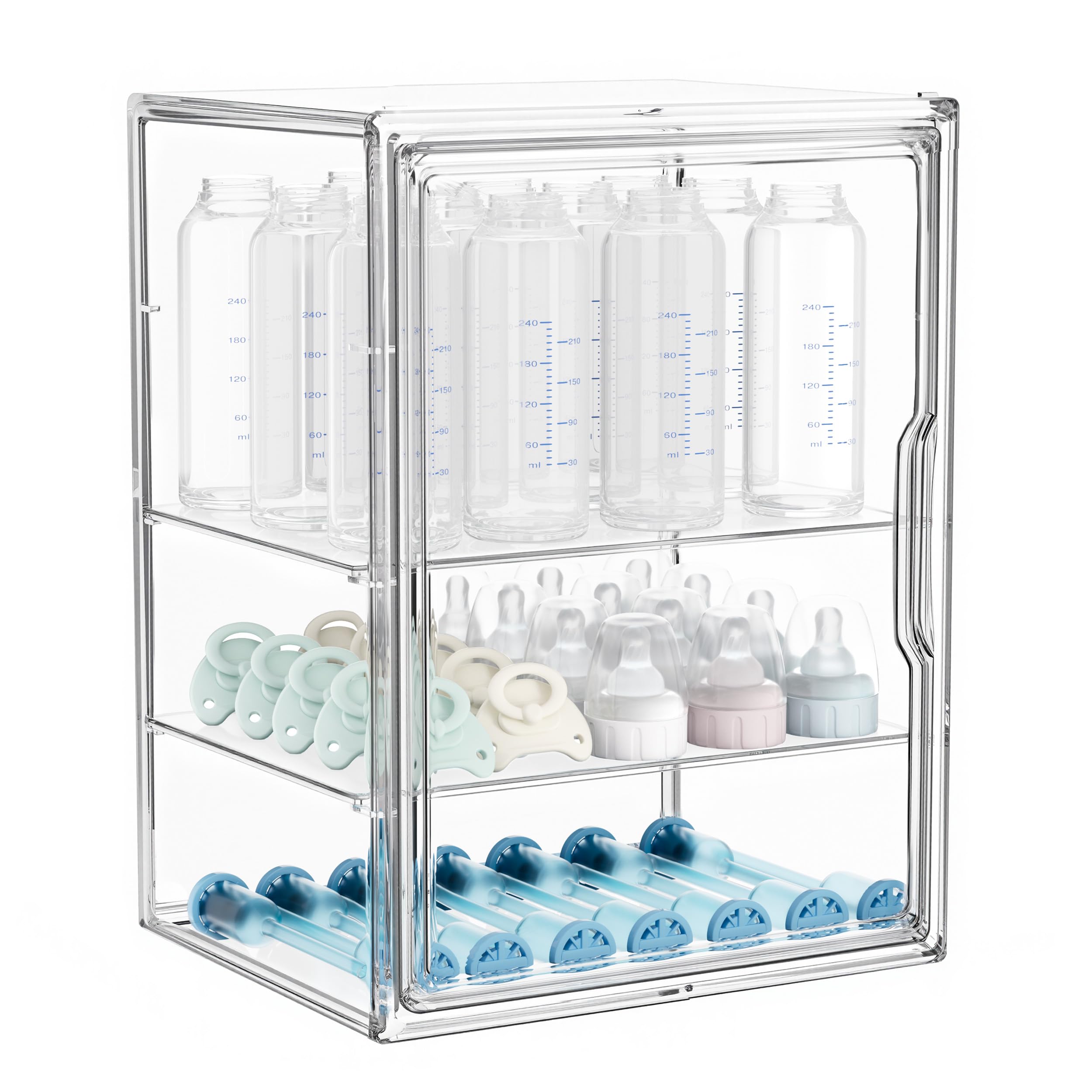 HBlife Baby Bottle Storage Organizer for Countertop Cabinet, 3 Tiers Adjustable Clear Acrylic Bottles Storage Station Case Box Container with 2 Removable Dividers and Magnetic Door, Large