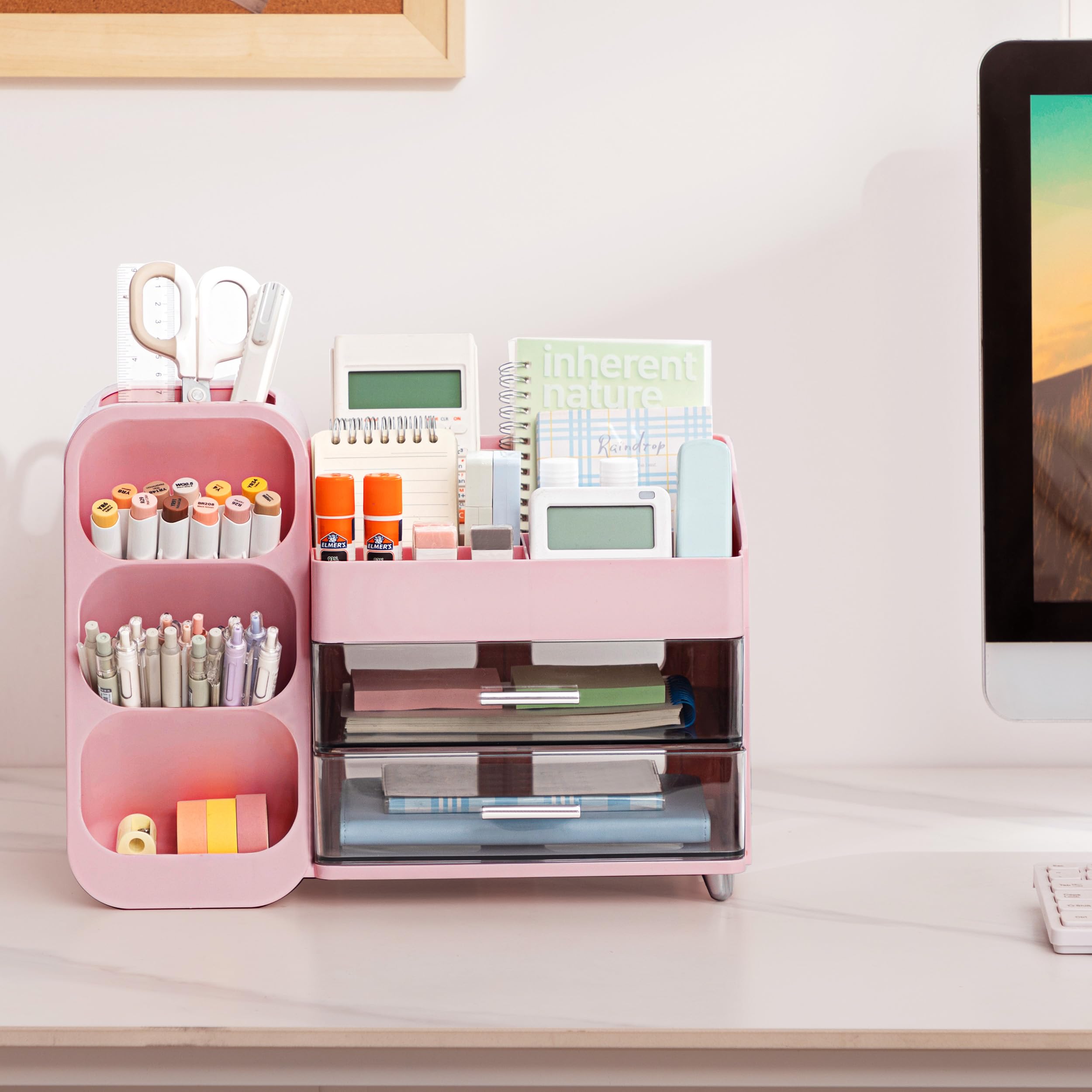 HBlife Desk Organizer with Pen Pencil Holder for Desk, Pen Organizer with 2 Drawers, Desk Organizers and Accessories with 4 Compartments, Desktop Storage for Office Home School Art Supplies, Beige