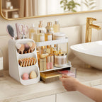 HBlife Makeup Organizer with Brush Holder for Vanity, Large Plastic Bathroom Countertop Organizer Skin Care Storage, Easy to Store Lipsticks, Nail Polishes, Perfumes, Eyeshadow Palettes, All Beige