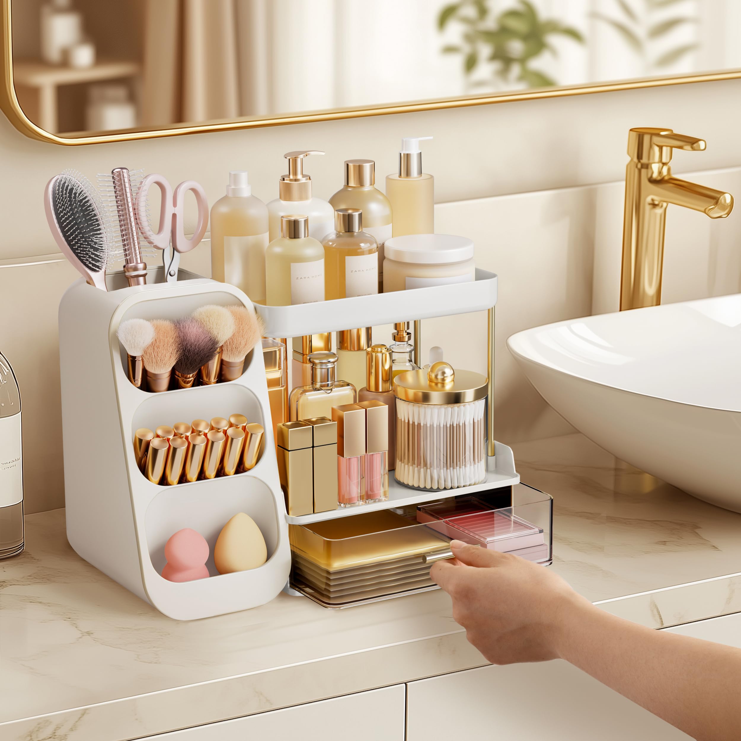 HBlife Makeup Organizer with Brush Holder for Vanity, Large Plastic Bathroom Countertop Organizer Skin Care Storage, Easy to Store Lipsticks, Nail Polishes, Perfumes, Eyeshadow Palettes, All Beige