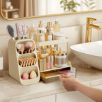 HBlife Makeup Organizer with Brush Holder for Vanity, Large Plastic Bathroom Countertop Organizer Skin Care Storage, Easy to Store Lipsticks, Nail Polishes, Perfumes, Eyeshadow Palettes, All Beige