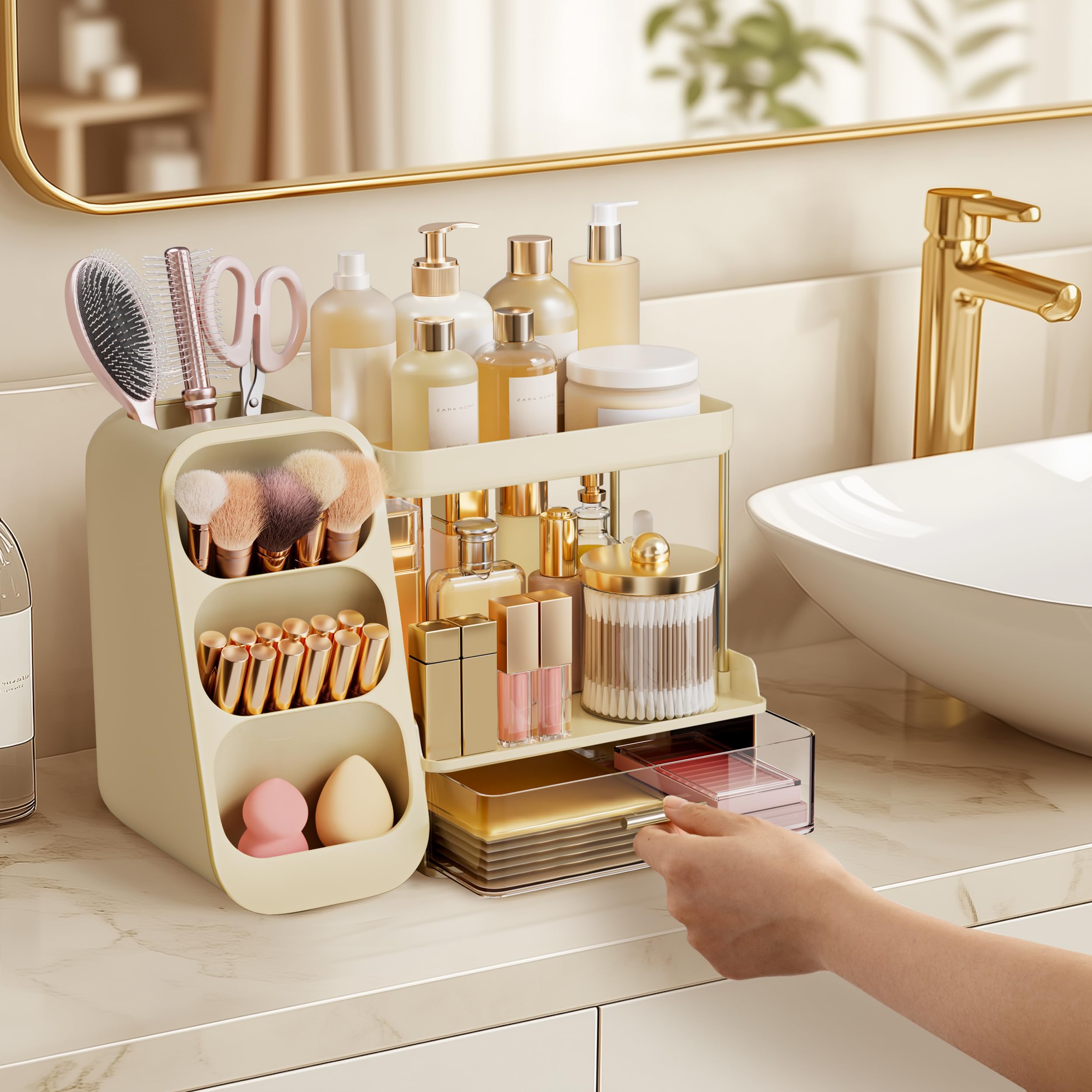 HBlife Makeup Organizer with Brush Holder for Vanity, Large Plastic Bathroom Countertop Organizer Skin Care Storage, Easy to Store Lipsticks, Nail Polishes, Perfumes, Eyeshadow Palettes, All Beige