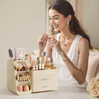 HBlife Makeup Organizer with Brush Holder for Vanity, Large Plastic Bathroom Countertop Organizer Skin Care Storage, Easy to Store Lipsticks, Nail Polishes, Perfumes, Eyeshadow Palettes, All Beige