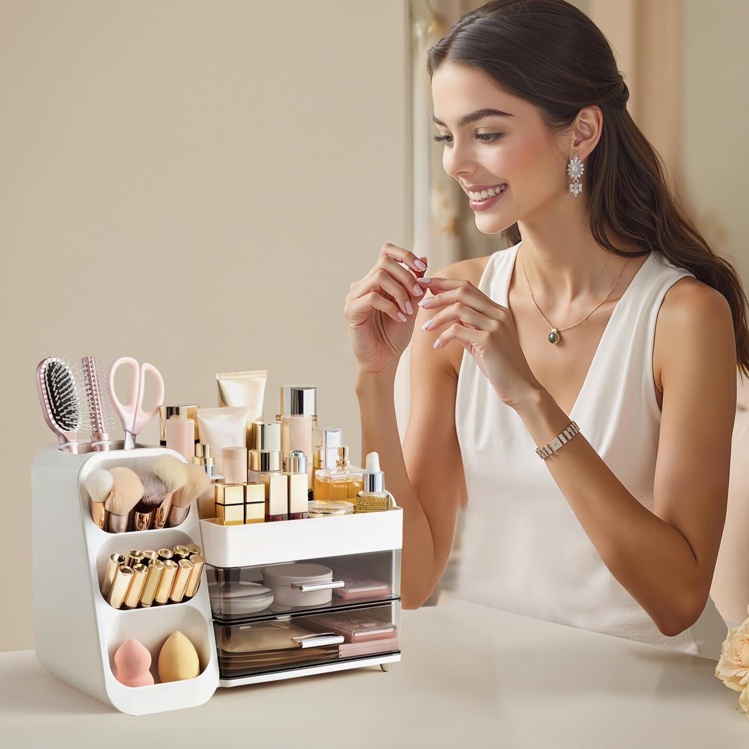 HBlife Makeup Organizer with Brush Holder for Vanity, Large Plastic Bathroom Countertop Organizer Skin Care Storage, Easy to Store Lipsticks, Nail Polishes, Perfumes, Eyeshadow Palettes, All Beige