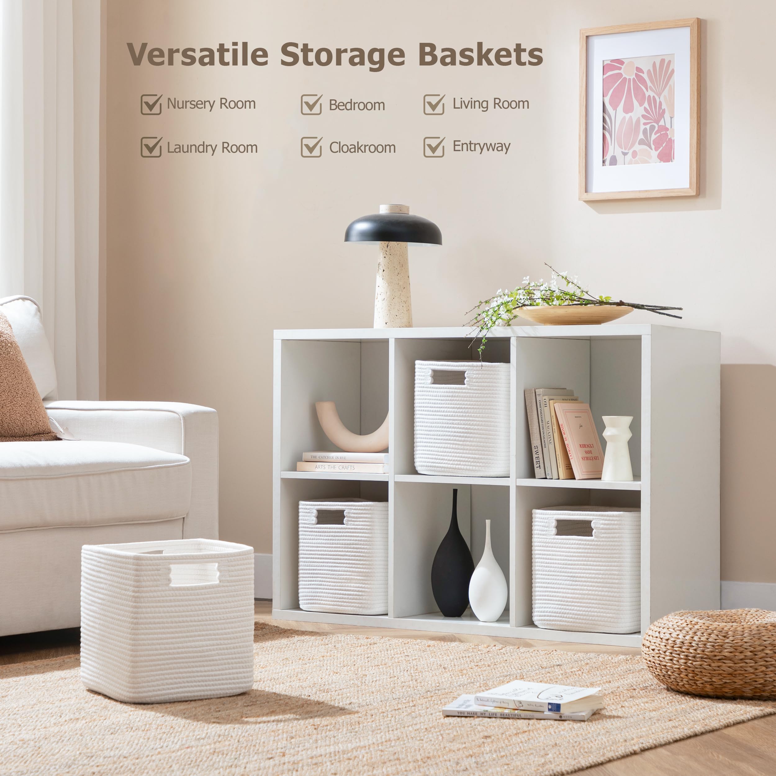 HBlife Set of 4 Storage Cubes-11 X 10.5 X 10.5 In, Cotton Rope Basket for Shelves, Toys, Book, Cube Storage Bin with Handles, Woven Storage Basket for Organizing, Beige