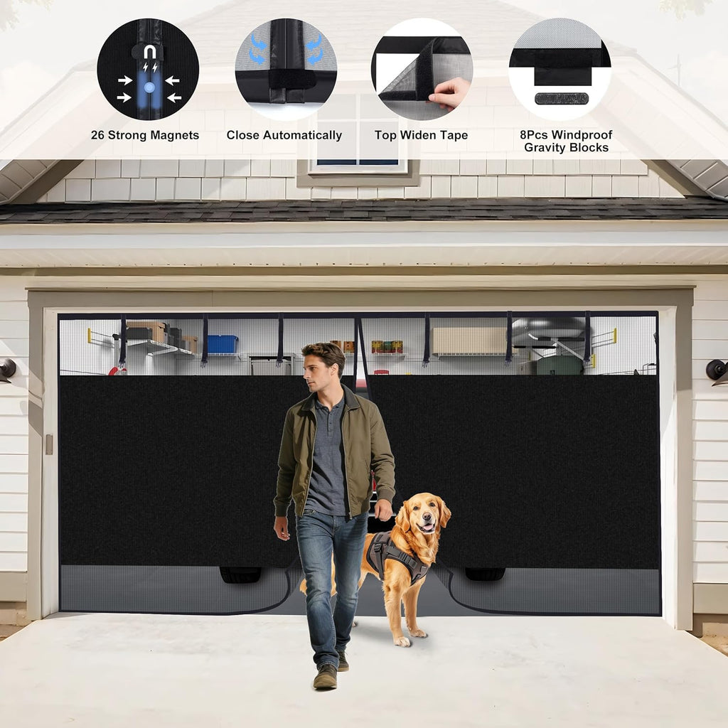 HBlife Privacy Garage Door Screen Blackout for 1 Car Garage, 8x7FT Heavy Duty Magnetic Garage Screen Door Mesh, Hands Free Retractable Garage Net Screen with 6 Roll Up Starps and 26 Magnets, Black