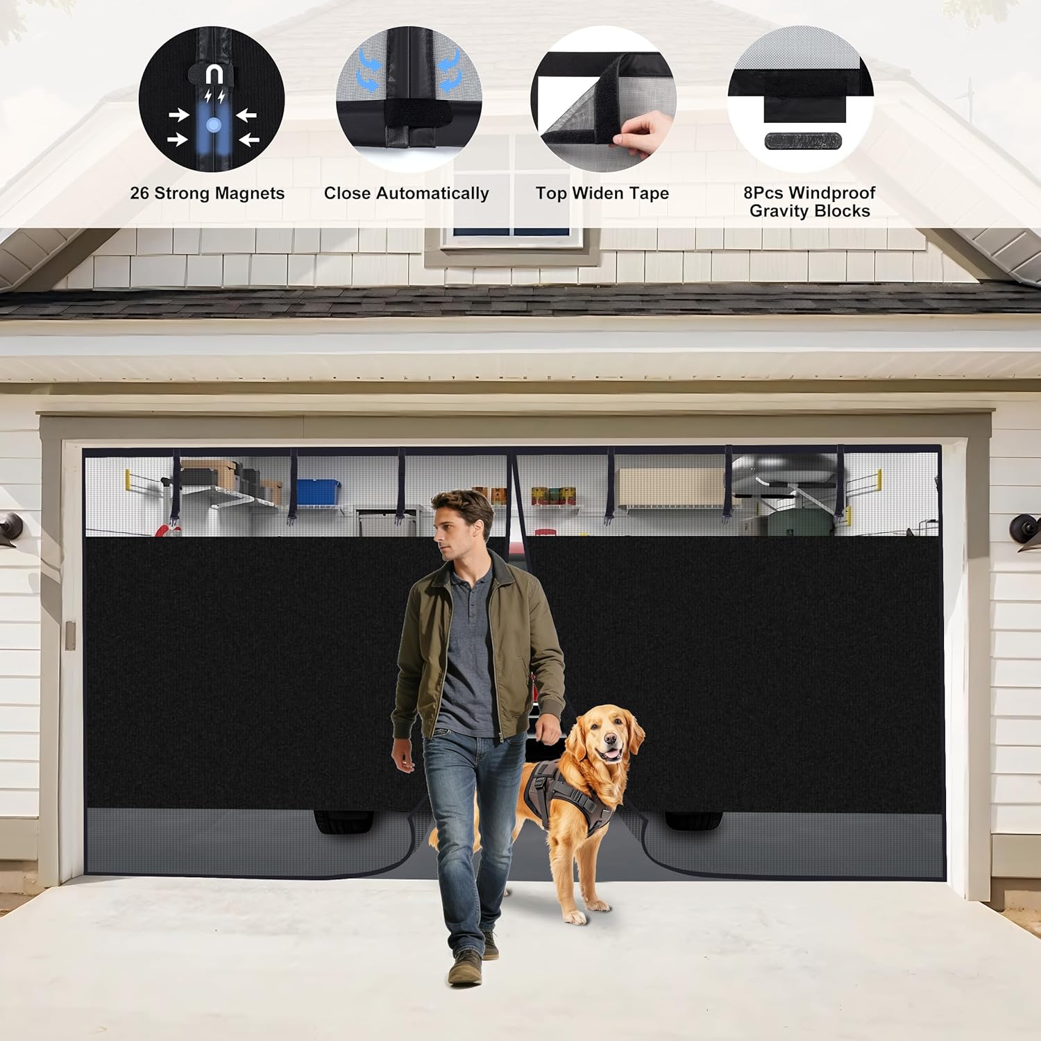 HBlife Privacy Garage Door Screen Blackout for 1 Car Garage, 8x7FT Heavy Duty Magnetic Garage Screen Door Mesh, Hands Free Retractable Garage Net Screen with 6 Roll Up Starps and 26 Magnets, Black