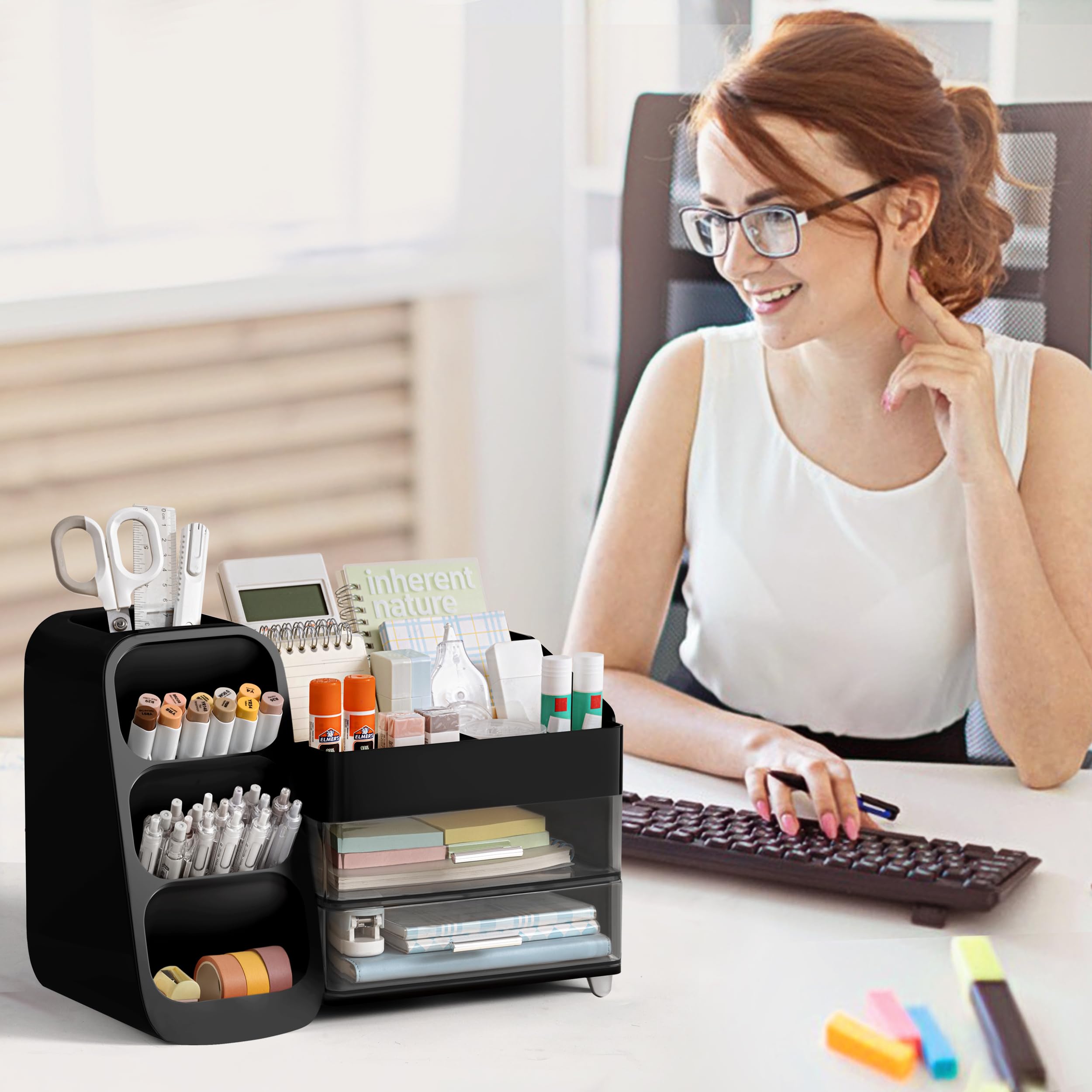 HBlife Desk Organizer with Pen Pencil Holder for Desk, Pen Organizer with 2 Drawers, Desk Organizers and Accessories with 4 Compartments, Desktop Storage for Office Home School Art Supplies, Beige