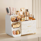HBlife Makeup Organizer with Brush Holder for Vanity, Large Plastic Bathroom Countertop Organizer Skin Care Storage, Easy to Store Lipsticks, Nail Polishes, Perfumes, Eyeshadow Palettes, All Beige