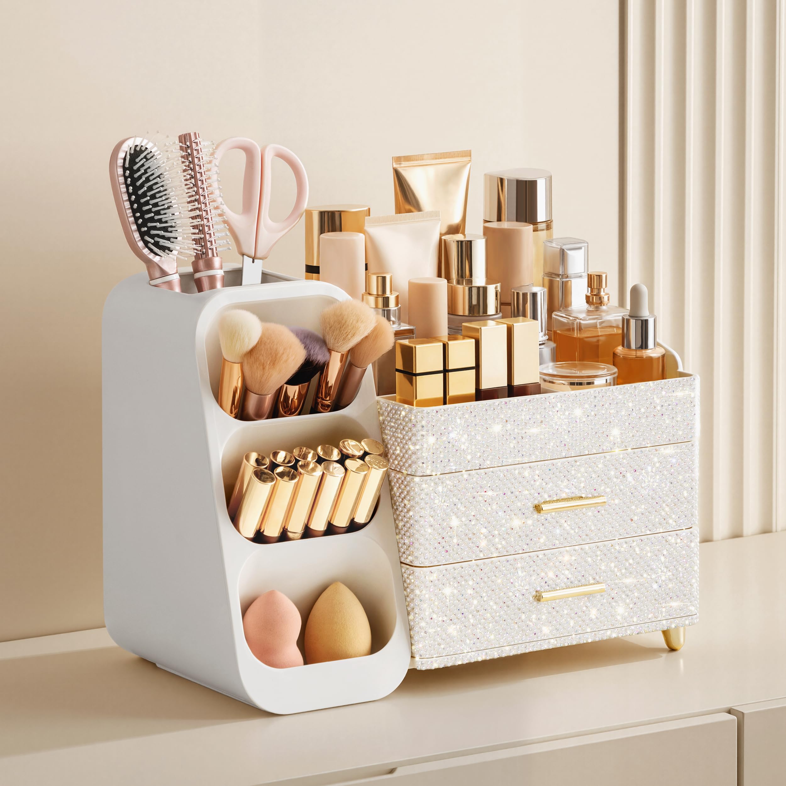 HBlife Makeup Organizer with Brush Holder for Vanity, Large Plastic Bathroom Countertop Organizer Skin Care Storage, Easy to Store Lipsticks, Nail Polishes, Perfumes, Eyeshadow Palettes, All Beige