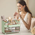 HBlife Makeup Organizer for Vanity with Brush Holder, Large Bathroom Countertop Cosmetic Organizer Skin Care Storage, Easy to Store Lipsticks, Nail Polishes, Perfumes, Eyeshadow Palettes, All White