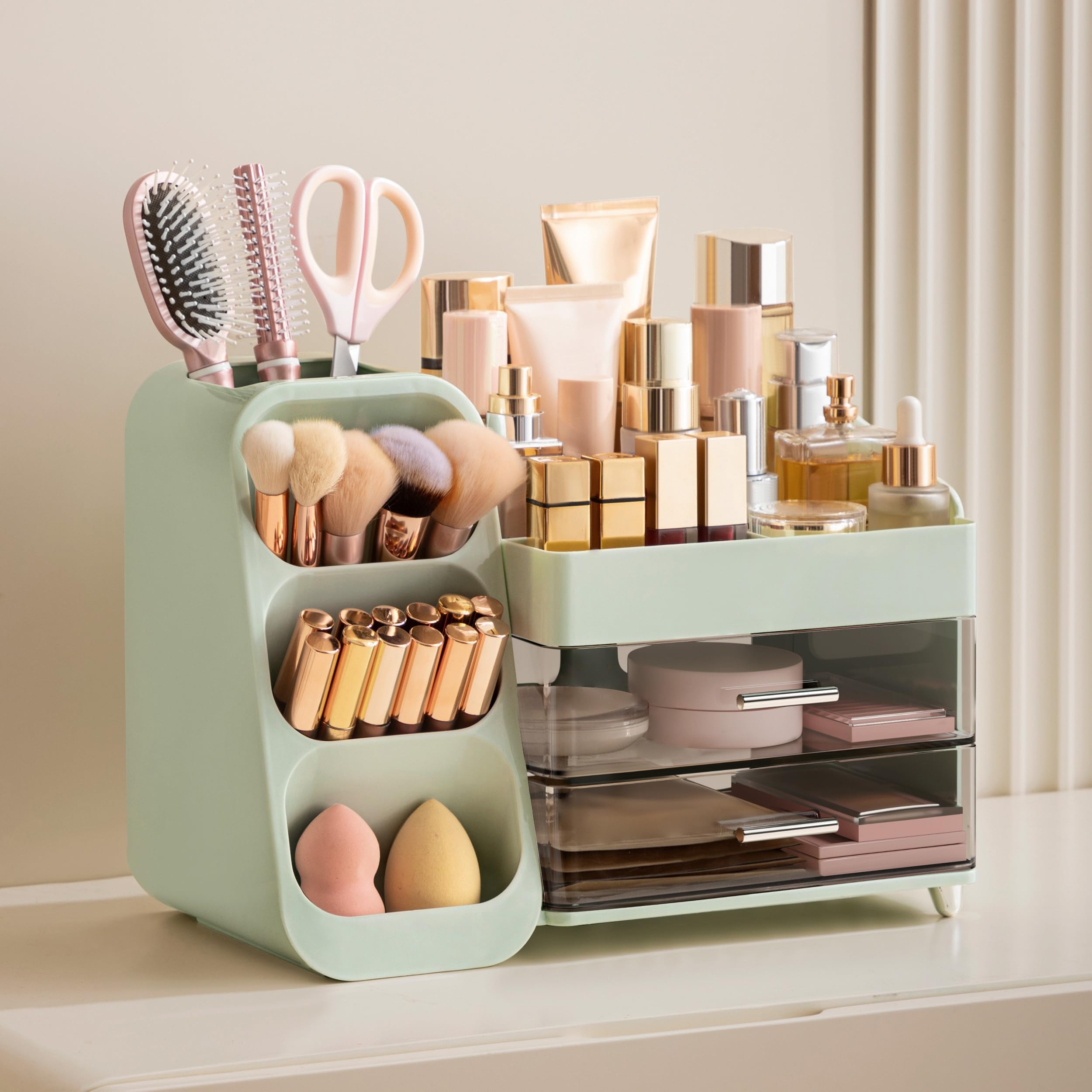HBlife Makeup Organizer with Brush Holder for Vanity, Large Plastic Bathroom Countertop Organizer Skin Care Storage, Easy to Store Lipsticks, Nail Polishes, Perfumes, Eyeshadow Palettes, All Beige