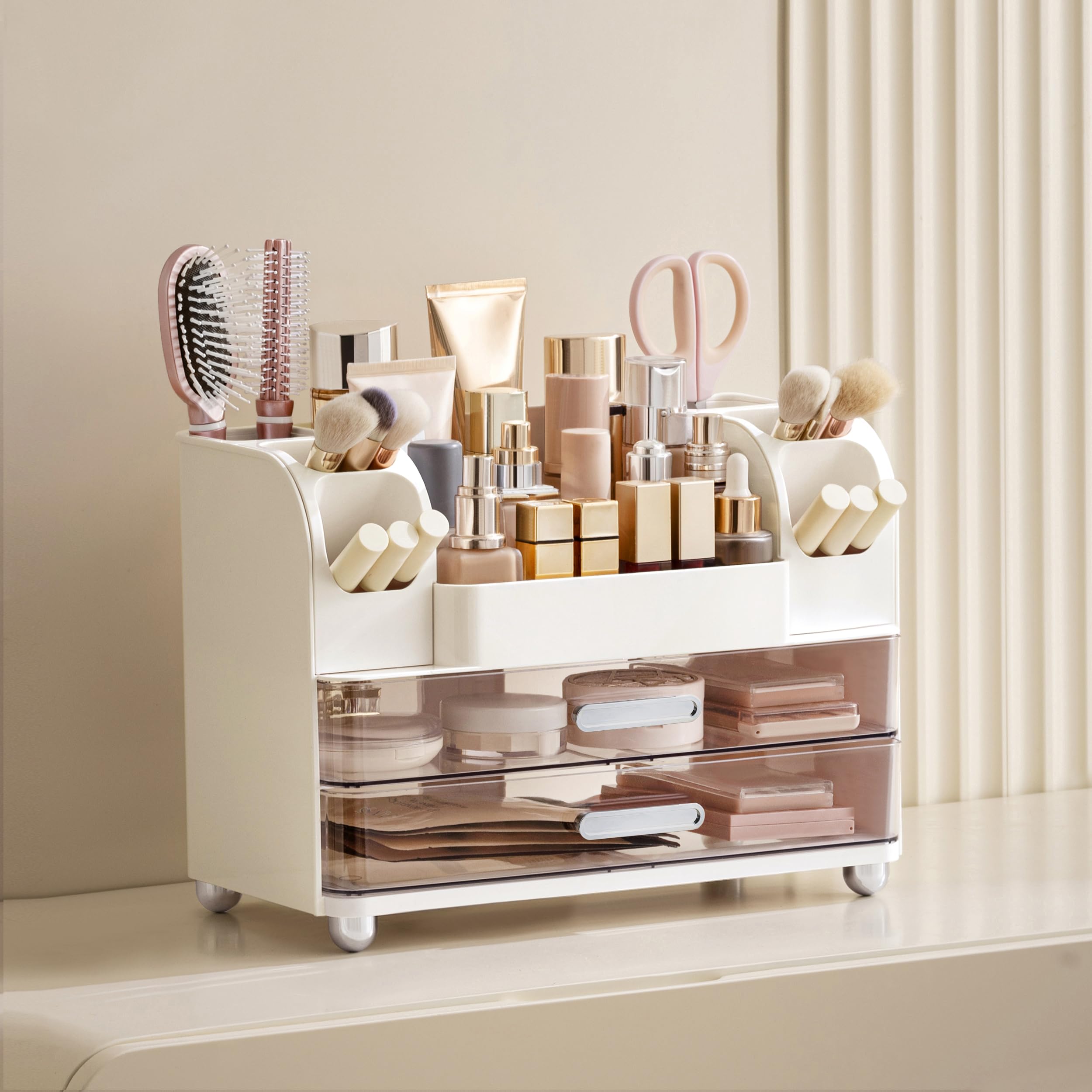 HBlife Makeup Organizer for Vanity with Brush Holder, Large Bathroom Countertop Cosmetic Organizer Skin Care Storage, Easy to Store Lipsticks, Nail Polishes, Perfumes, Eyeshadow Palettes, All White