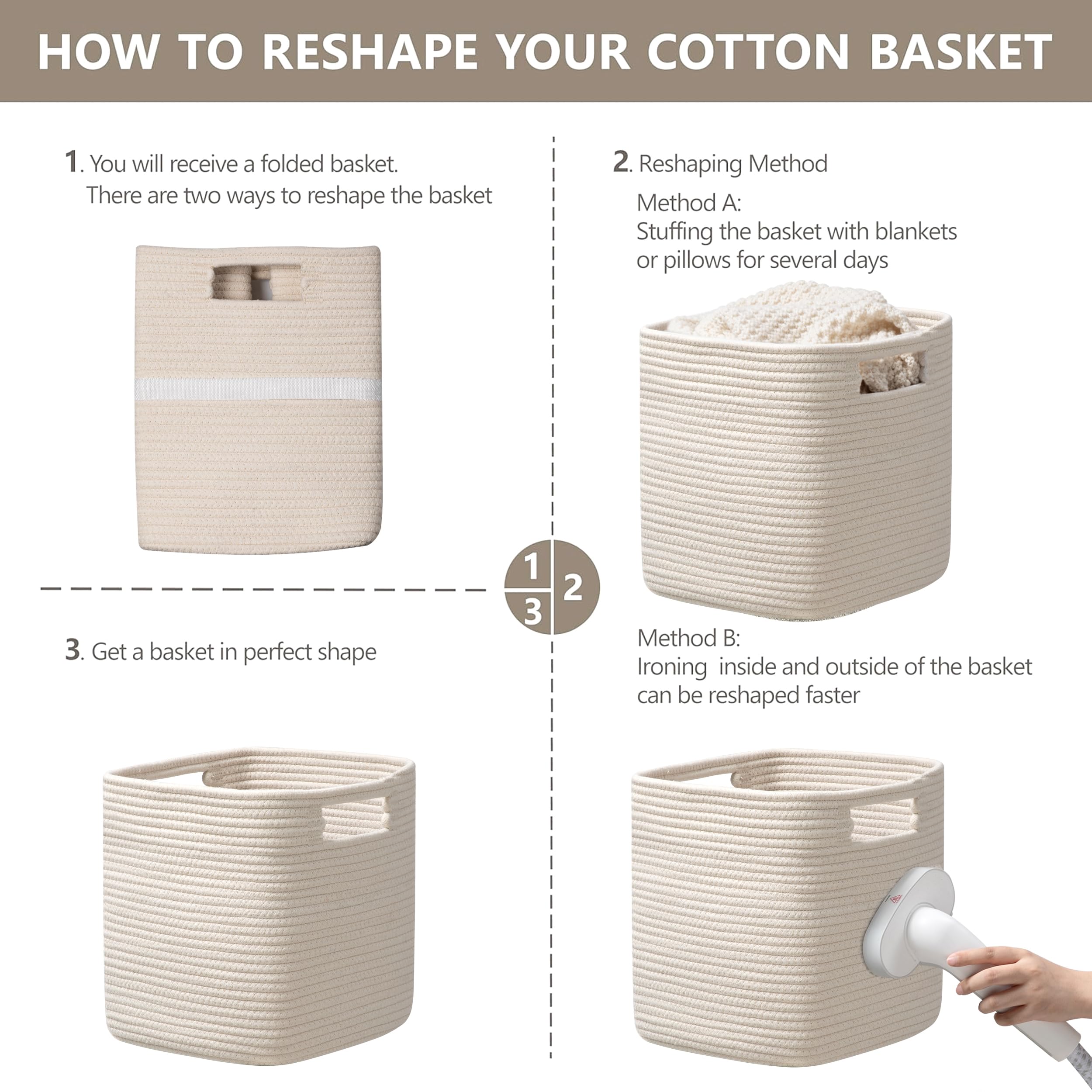 HBlife Set of 4 Storage Cubes-11 X 10.5 X 10.5 In, Cotton Rope Basket for Shelves, Toys, Book, Cube Storage Bin with Handles, Woven Storage Basket for Organizing, Beige