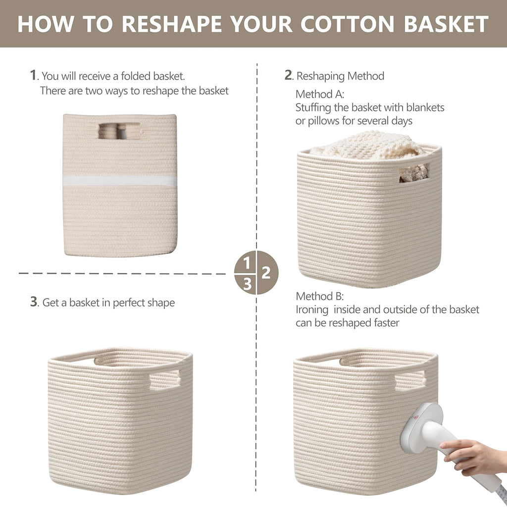 HBlife Set of 4 Storage Cubes-11 X 10.5 X 10.5 In, Cotton Rope Basket for Shelves, Toys, Book, Cube Storage Bin with Handles, Woven Storage Basket for Organizing, Beige