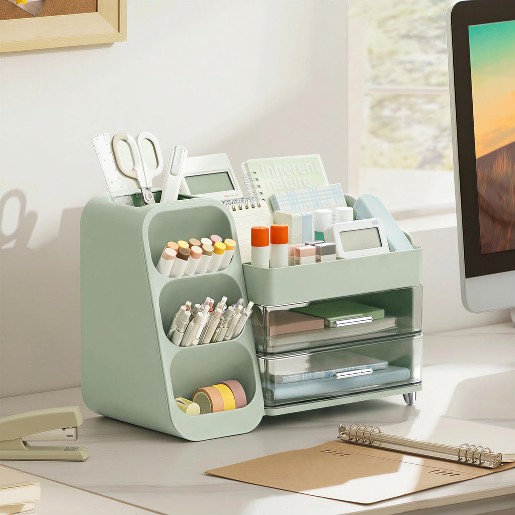 HBlife Desk Organizer with Pen Pencil Holder for Desk, Pen Organizer with 2 Drawers, Desk Organizers and Accessories with 4 Compartments, Desktop Storage for Office Home School Art Supplies, Beige