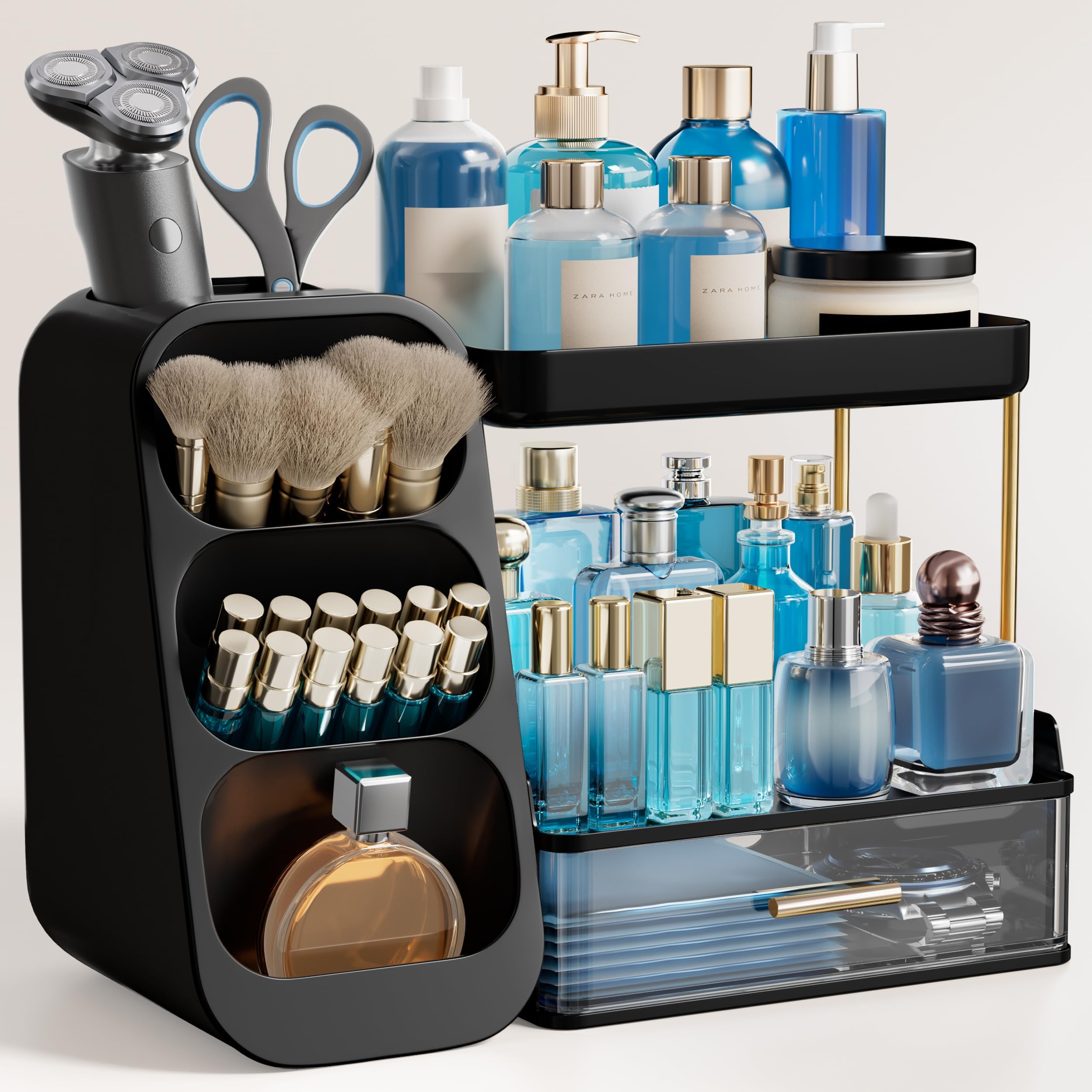 HBlife Makeup Organizer with Brush Holder for Vanity, Large Plastic Bathroom Countertop Organizer Skin Care Storage, Easy to Store Lipsticks, Nail Polishes, Perfumes, Eyeshadow Palettes, All Beige