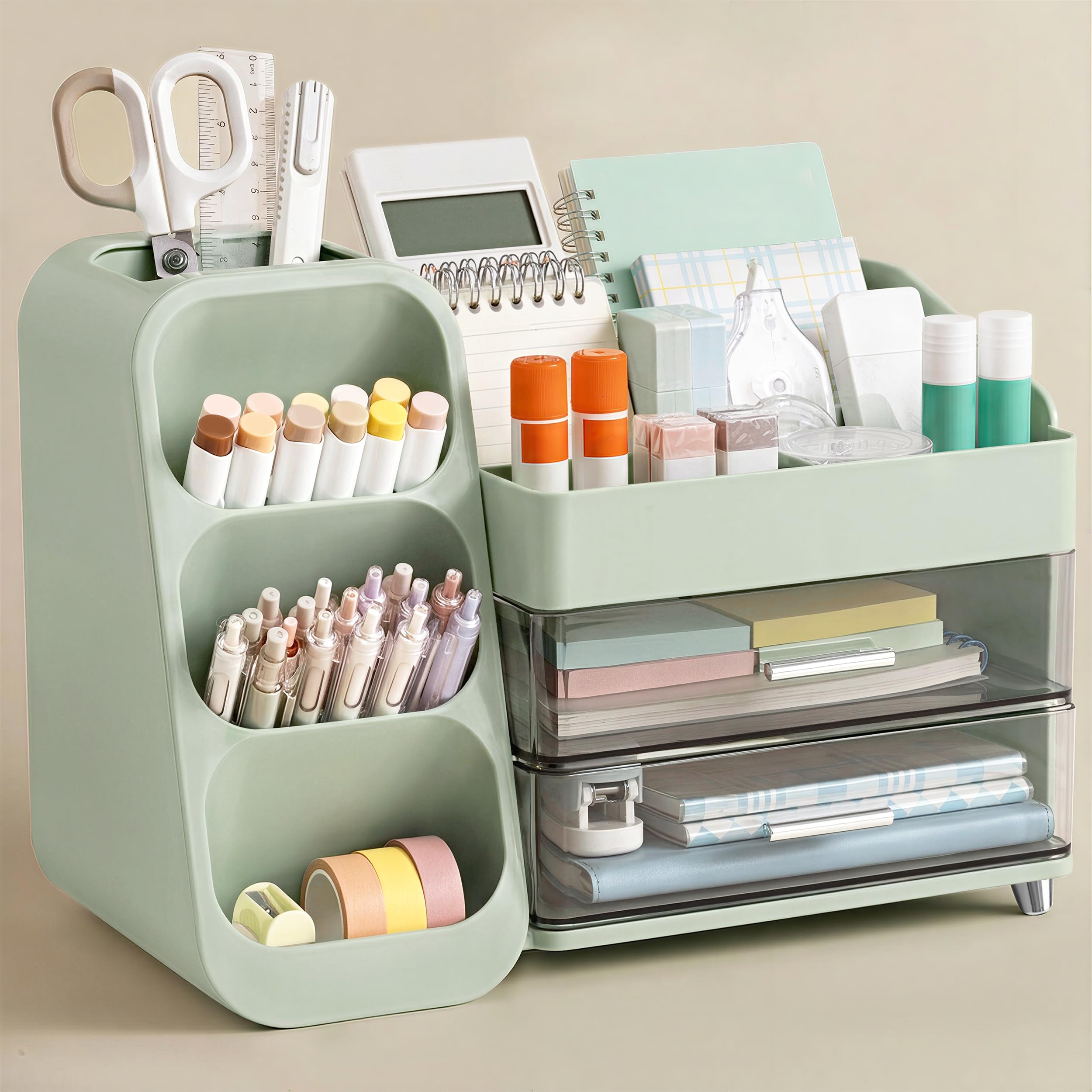 HBlife Desk Organizer with Pen Pencil Holder for Desk, Pen Organizer with 2 Drawers, Desk Organizers and Accessories with 4 Compartments, Desktop Storage for Office Home School Art Supplies, Beige