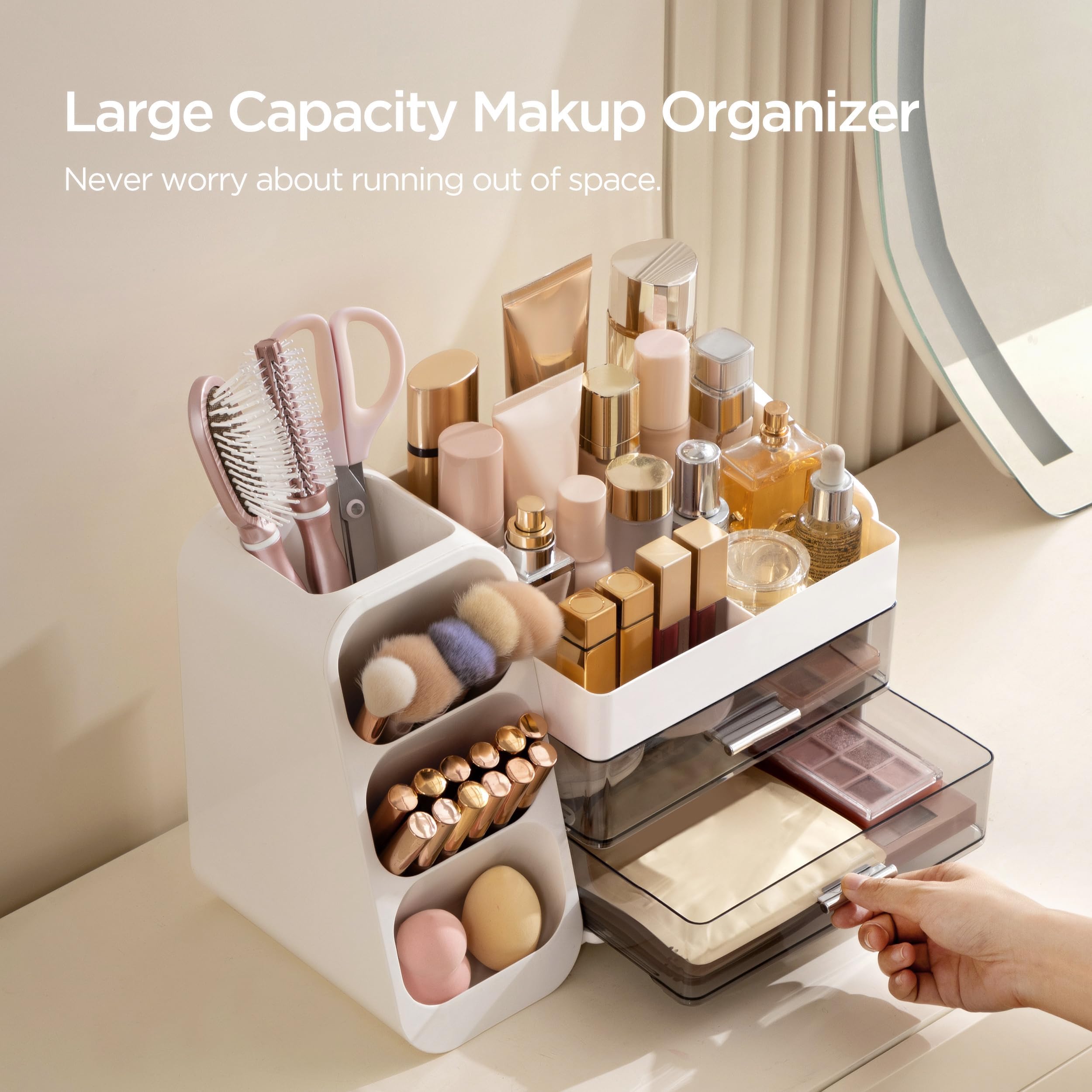 HBlife Makeup Organizer with Brush Holder for Vanity, Large Plastic Bathroom Countertop Organizer Skin Care Storage, Easy to Store Lipsticks, Nail Polishes, Perfumes, Eyeshadow Palettes, All Beige