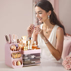 HBlife Makeup Organizer with Brush Holder for Vanity, Large Plastic Bathroom Countertop Organizer Skin Care Storage, Easy to Store Lipsticks, Nail Polishes, Perfumes, Eyeshadow Palettes, All Beige