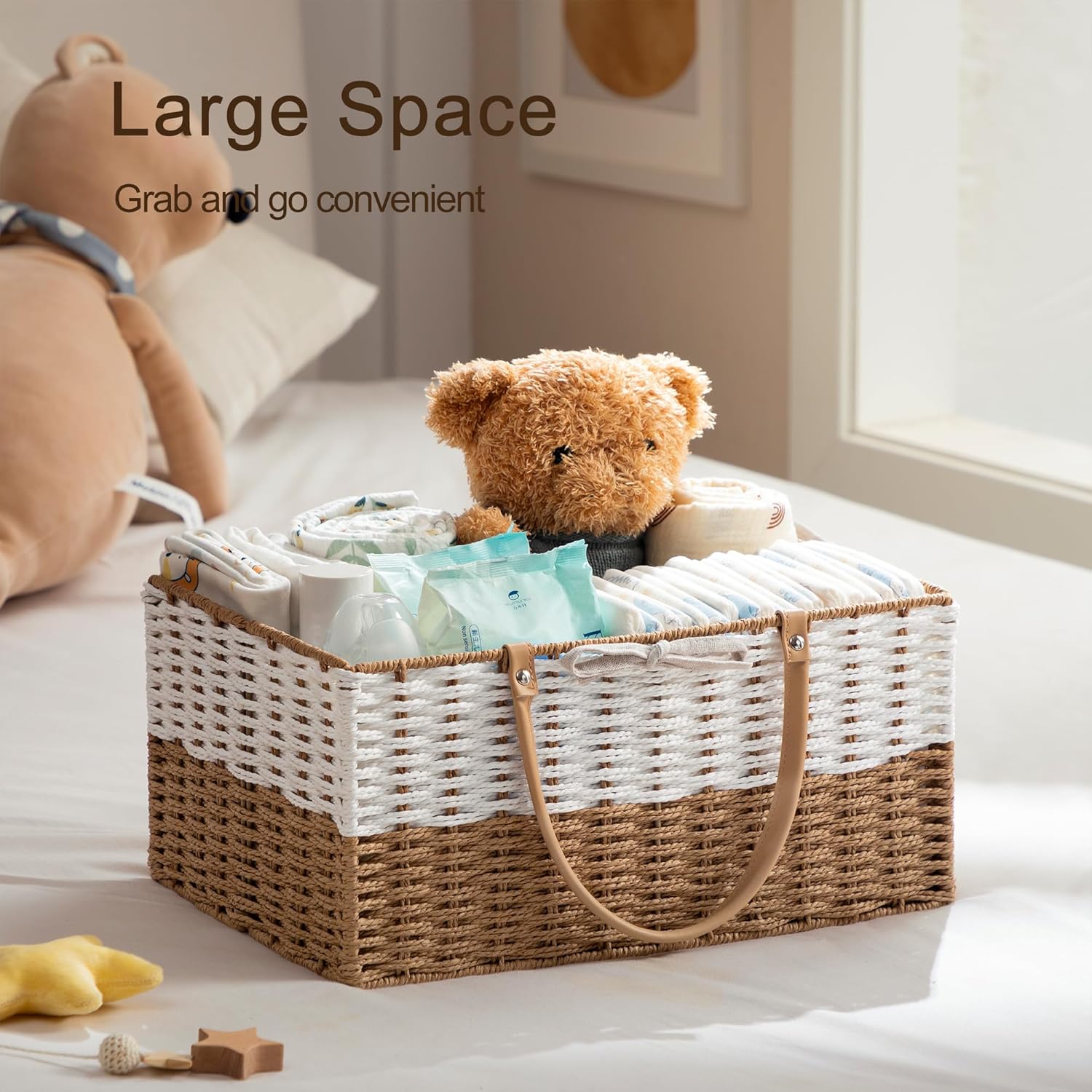 HBlife Large Baby Diaper Caddy Organizer, Paper Rope Storage Baskets Nursery Bin with Removable Divider, Portable Car Organizer for Diapers, Baby Shower Gifts, Newborn Essentials Must Haves
