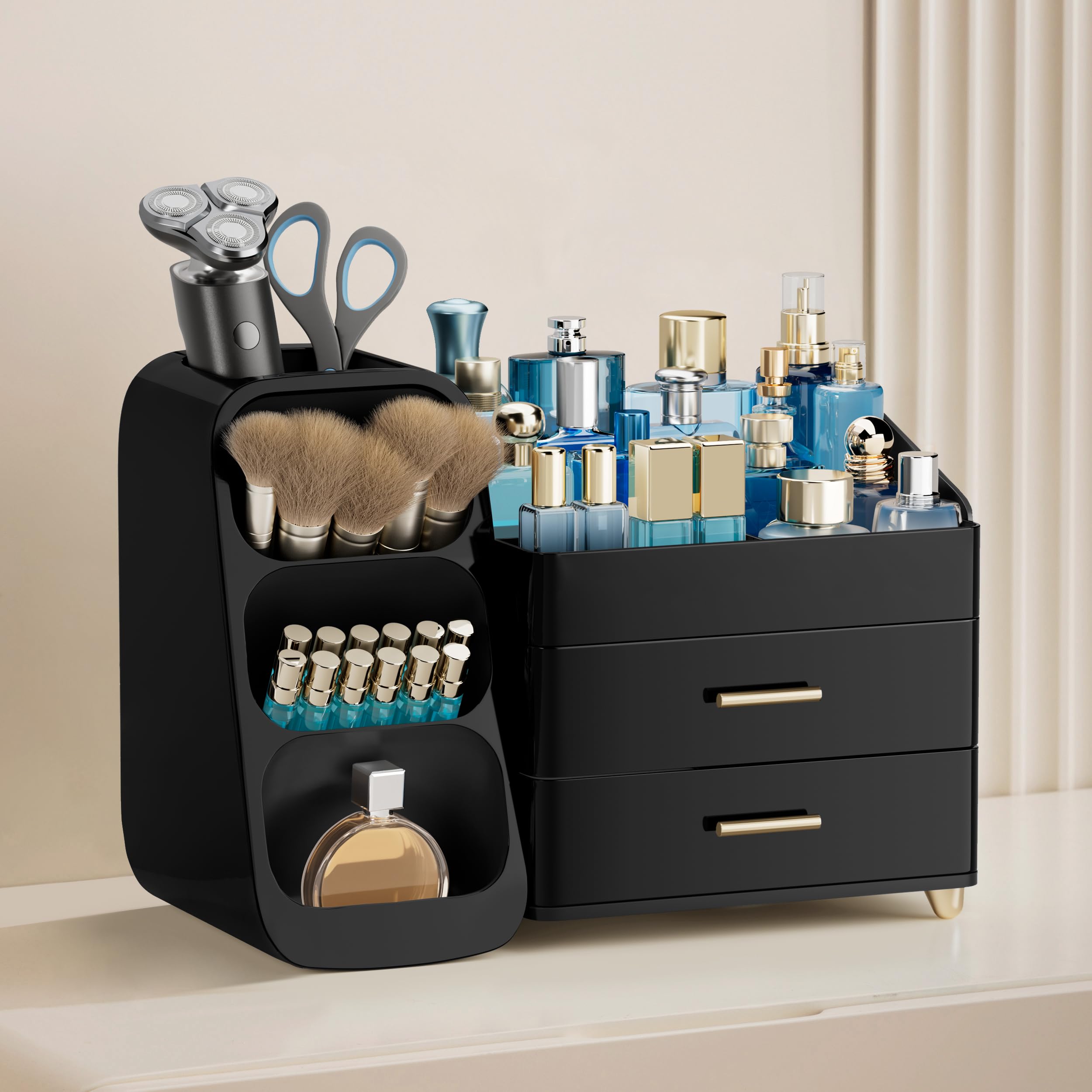 HBlife Makeup Organizer with Brush Holder for Vanity, Large Plastic Bathroom Countertop Organizer Skin Care Storage, Easy to Store Lipsticks, Nail Polishes, Perfumes, Eyeshadow Palettes, All Beige