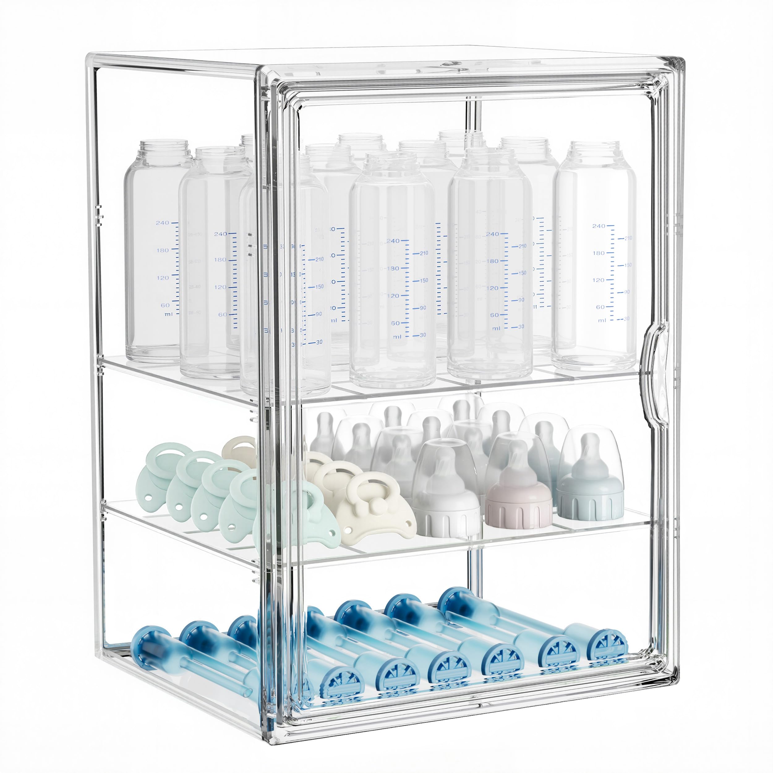 HBlife Baby Bottle Storage Organizer for Countertop Cabinet, 3 Tiers Adjustable Clear Acrylic Bottles Storage Station Case Box Container with 2 Removable Dividers and Magnetic Door, Large