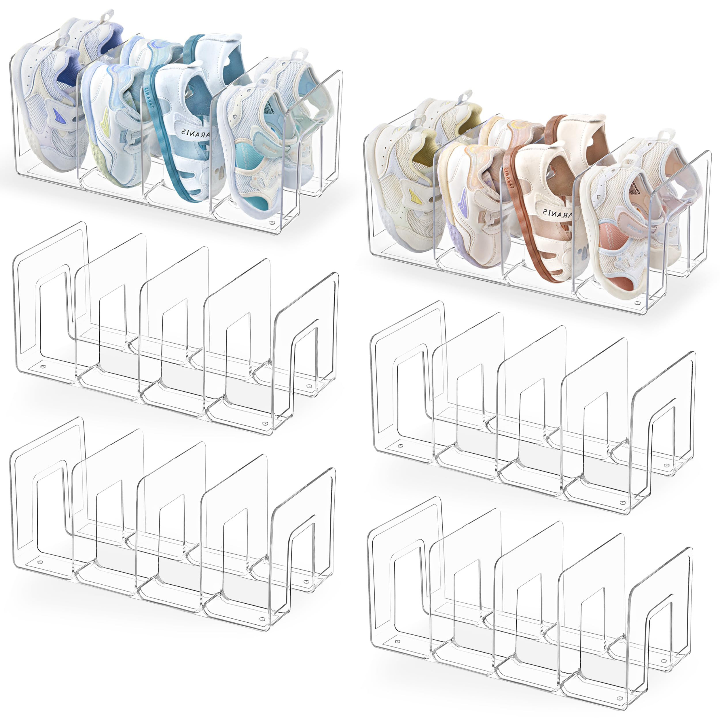 HBlife Black Acrylic Kids Shoe Rack for Closet Organizers and Storage, Small Shoe Rack 4 Sections Toddler Baby Shoe Storage Organizer Stackable Shoe Shelf,Desk File Sorter Book Purse Organizer(2 Pack)