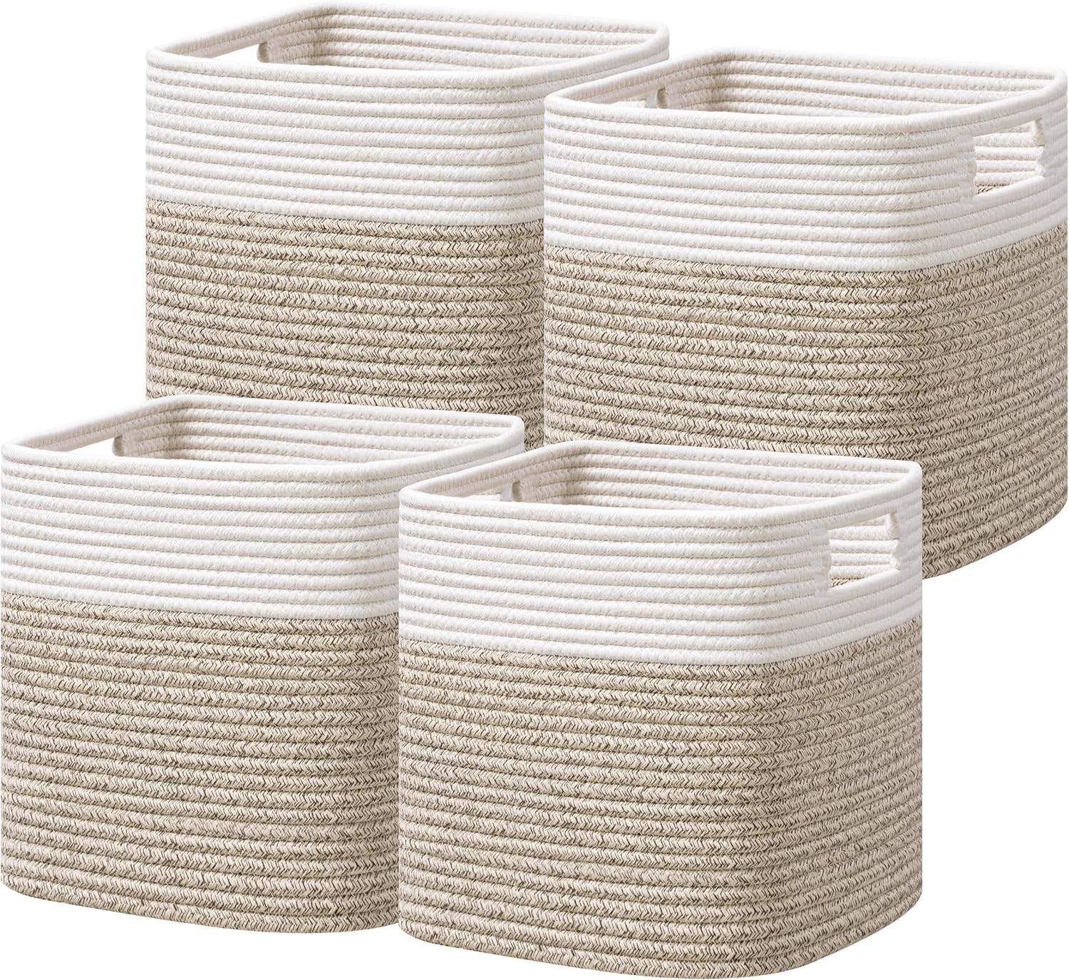 HBlife Set of 4 Storage Cubes-11 X 10.5 X 10.5 In, Cotton Rope Basket for Shelves, Toys, Book, Cube Storage Bin with Handles, Woven Storage Basket for Organizing, Beige