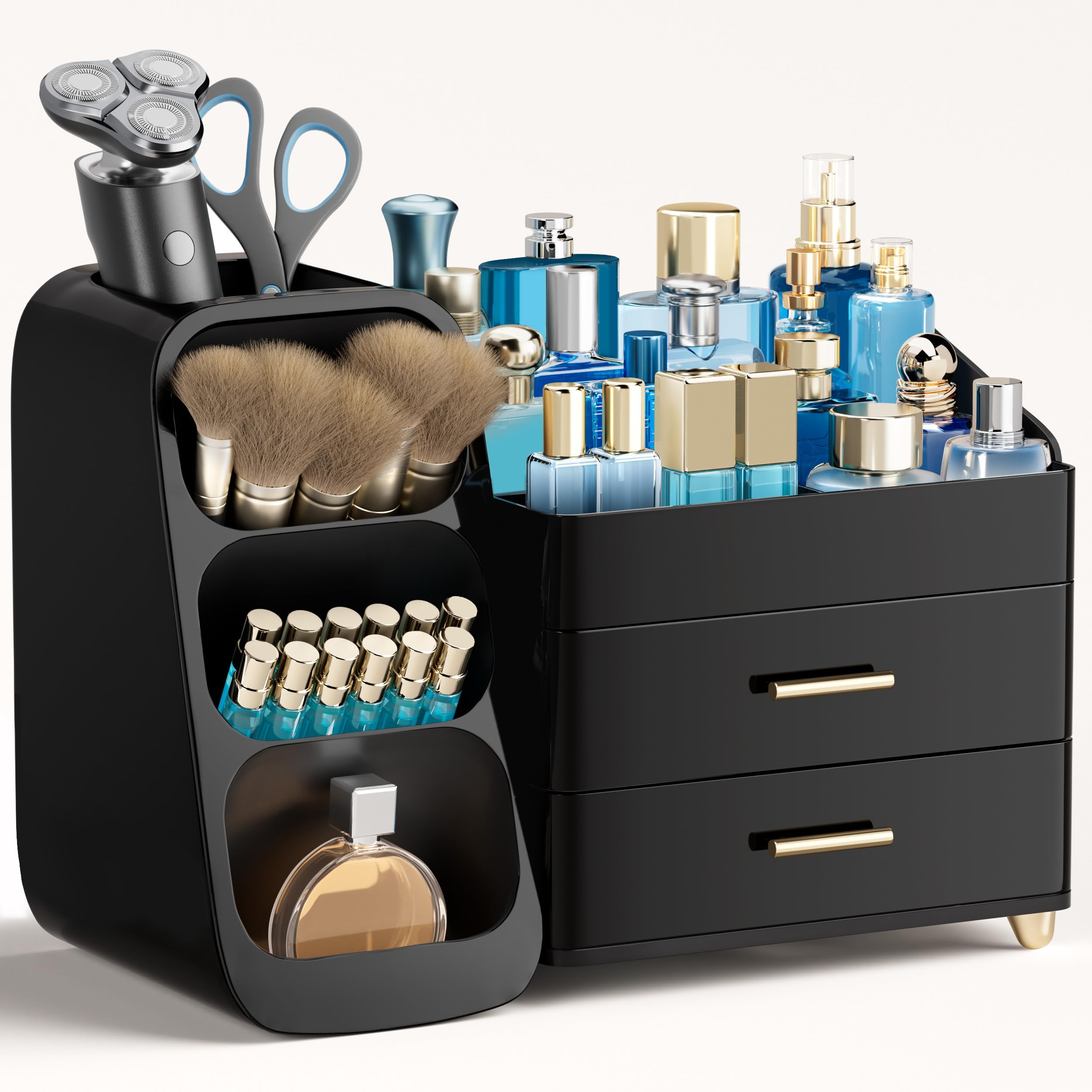 HBlife Makeup Organizer with Brush Holder for Vanity, Large Plastic Bathroom Countertop Organizer Skin Care Storage, Easy to Store Lipsticks, Nail Polishes, Perfumes, Eyeshadow Palettes, All Beige