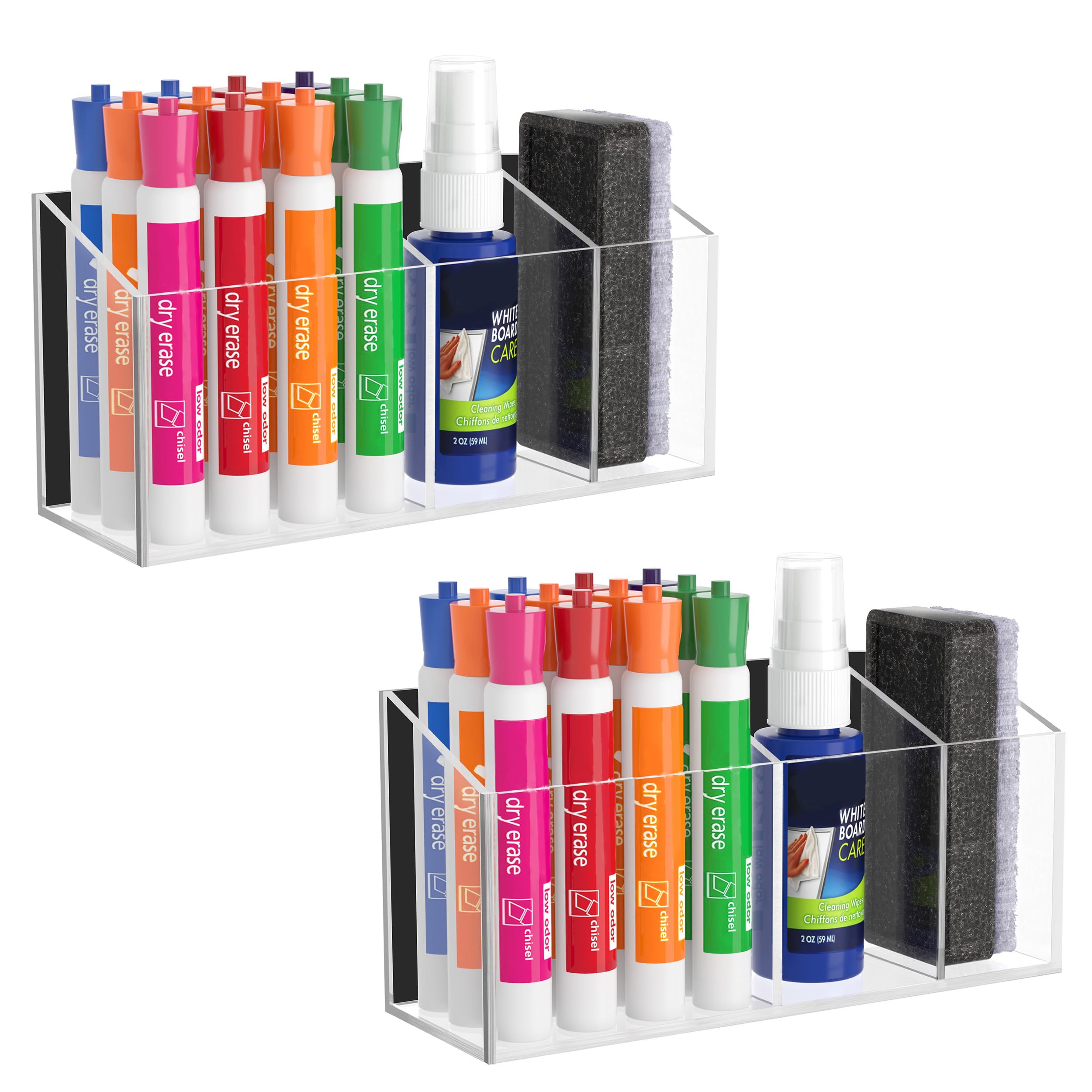 HBlife Magnetic Dry Erase Marker Holder for Whiteboard with 2 Compartments, Acrylic Wall Mount Magnet Pen Pencil Holder for Refrigerator, Locker Organizer Accessories for Classroom Office, Black