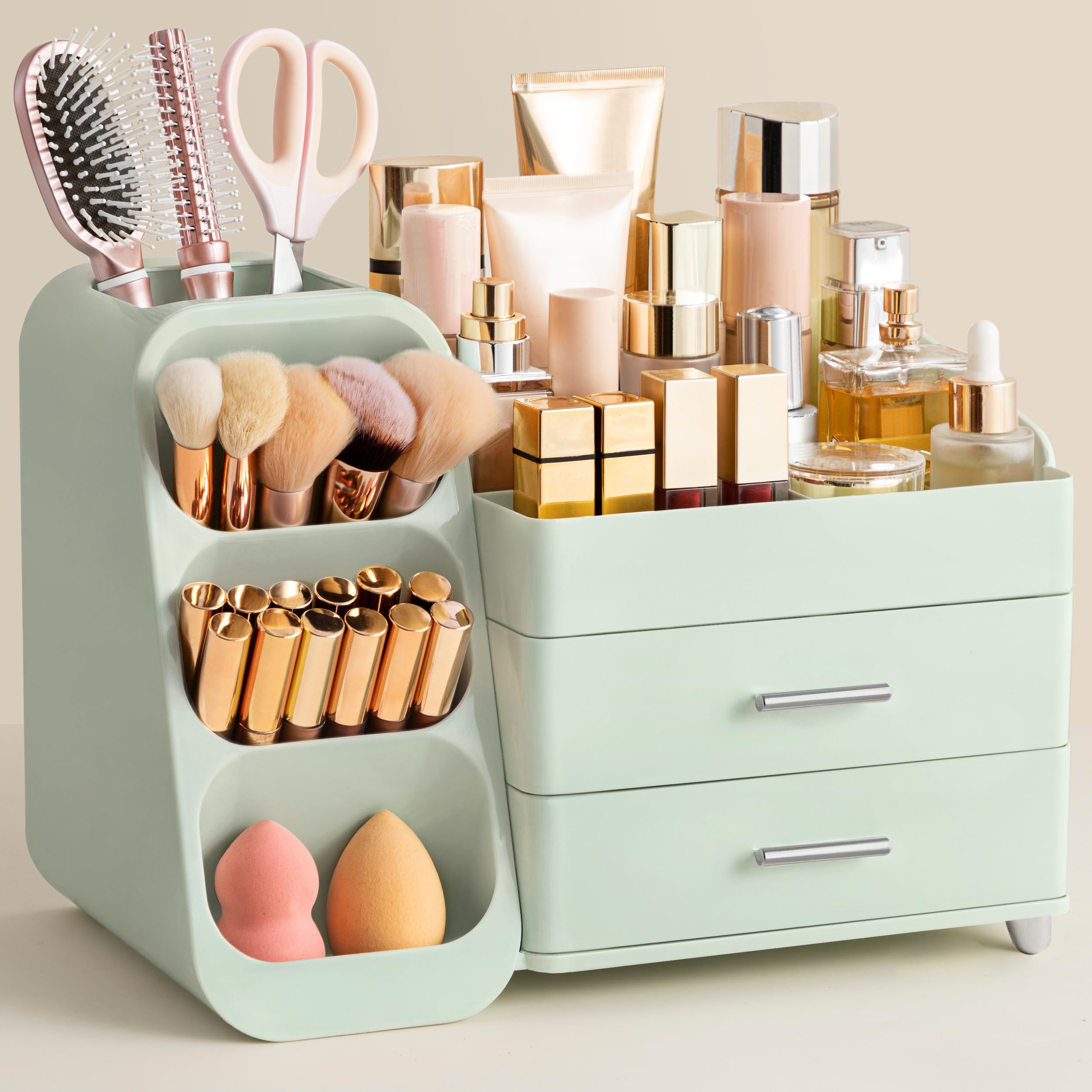 HBlife Makeup Organizer with Brush Holder for Vanity, Large Plastic Bathroom Countertop Organizer Skin Care Storage, Easy to Store Lipsticks, Nail Polishes, Perfumes, Eyeshadow Palettes, All Beige
