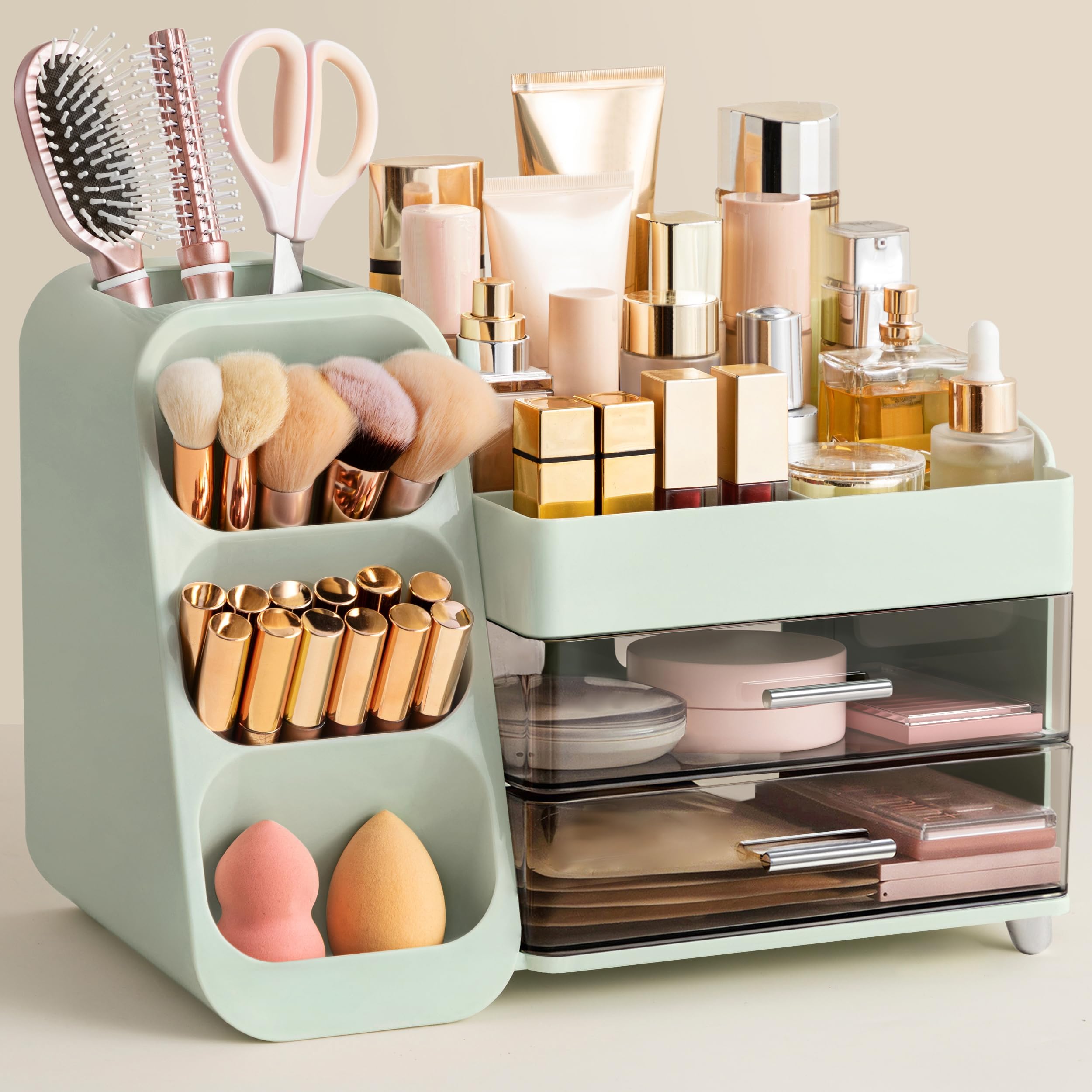 HBlife Makeup Organizer with Brush Holder for Vanity, Large Plastic Bathroom Countertop Organizer Skin Care Storage, Easy to Store Lipsticks, Nail Polishes, Perfumes, Eyeshadow Palettes, All Beige
