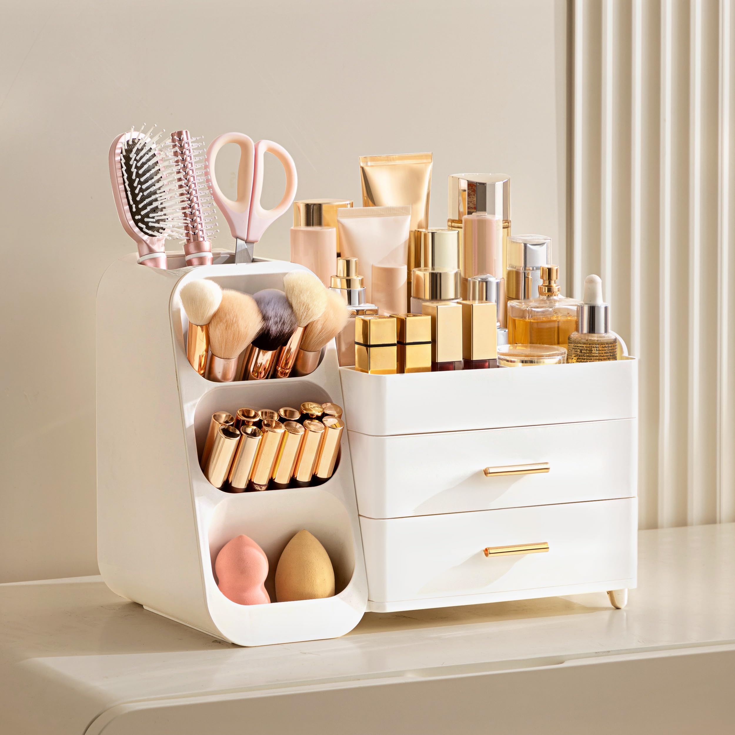 HBlife Makeup Organizer with Brush Holder for Vanity, Large Plastic Bathroom Countertop Organizer Skin Care Storage, Easy to Store Lipsticks, Nail Polishes, Perfumes, Eyeshadow Palettes, All Beige