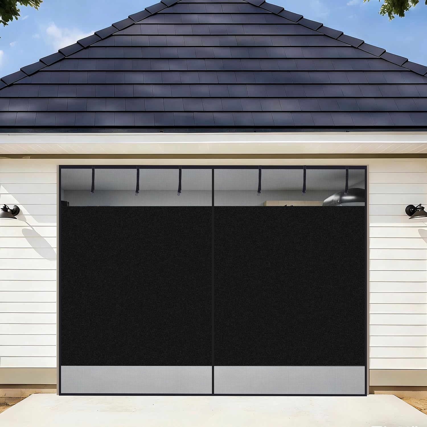 HBlife Privacy Garage Door Screen Blackout for 1 Car Garage, 8x7FT Heavy Duty Magnetic Garage Screen Door Mesh, Hands Free Retractable Garage Net Screen with 6 Roll Up Starps and 26 Magnets, Black