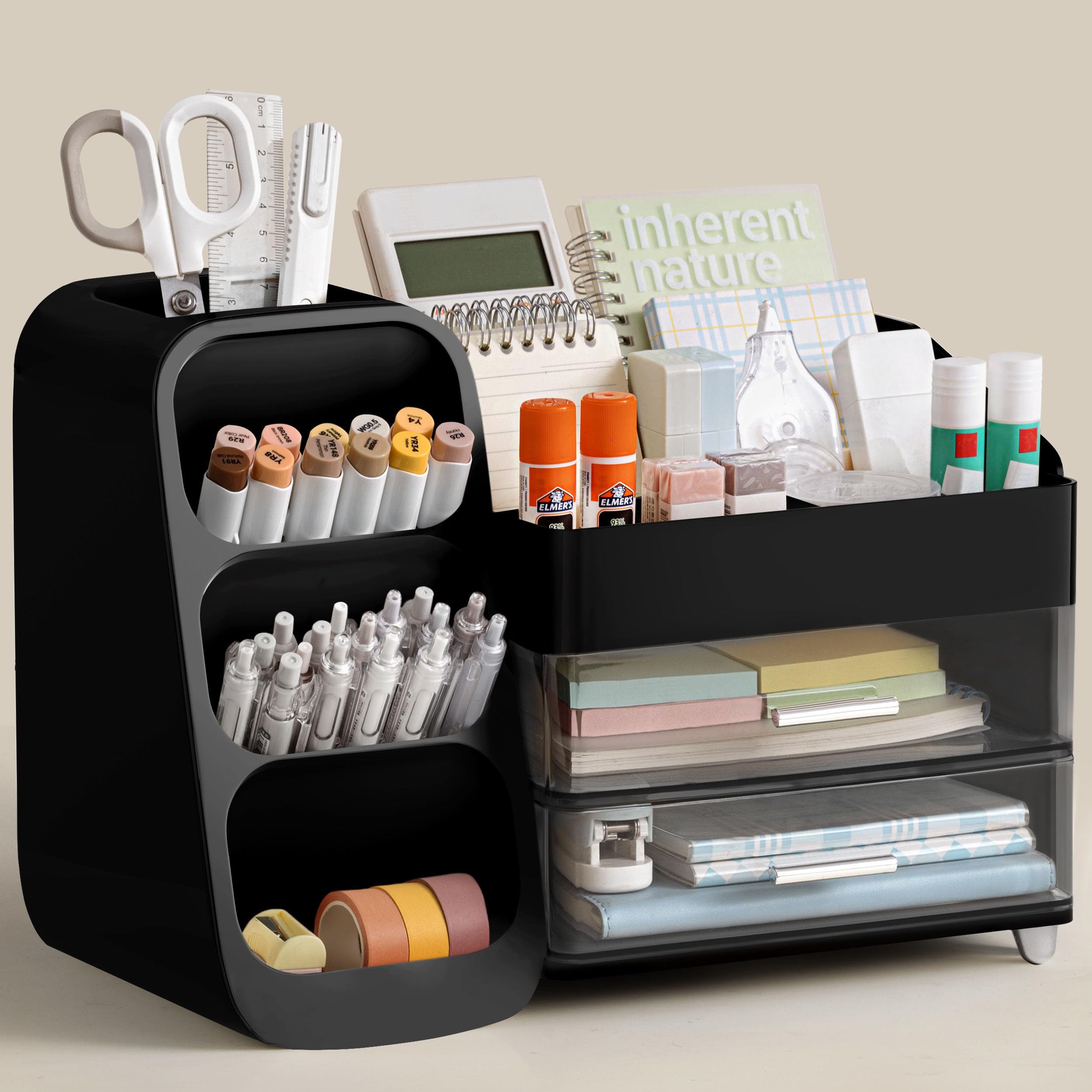 HBlife Desk Organizer with Pen Pencil Holder for Desk, Pen Organizer with 2 Drawers, Desk Organizers and Accessories with 4 Compartments, Desktop Storage for Office Home School Art Supplies, Beige