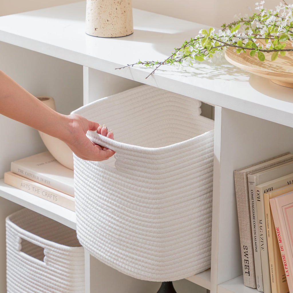 HBlife Set of 4 Storage Cubes-11 X 10.5 X 10.5 In, Cotton Rope Basket for Shelves, Toys, Book, Cube Storage Bin with Handles, Woven Storage Basket for Organizing, Beige