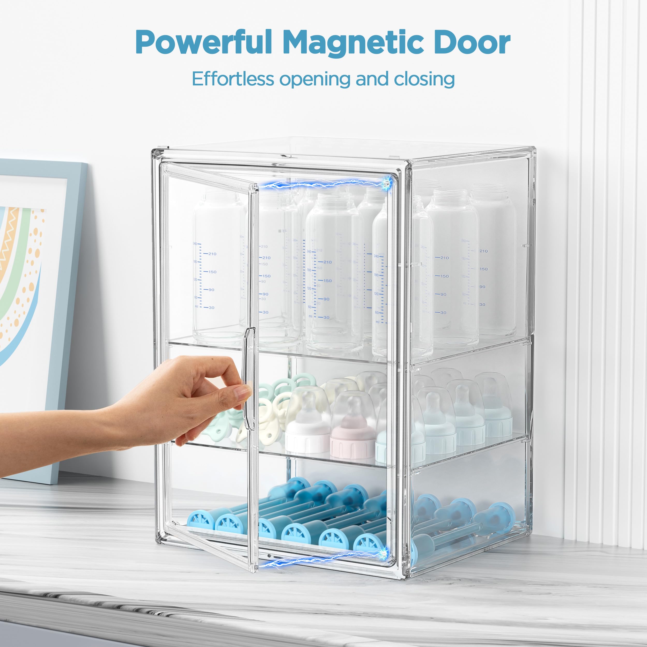 HBlife Baby Bottle Storage Organizer for Countertop Cabinet, 3 Tiers Adjustable Clear Acrylic Bottles Storage Station Case Box Container with 2 Removable Dividers and Magnetic Door, Large