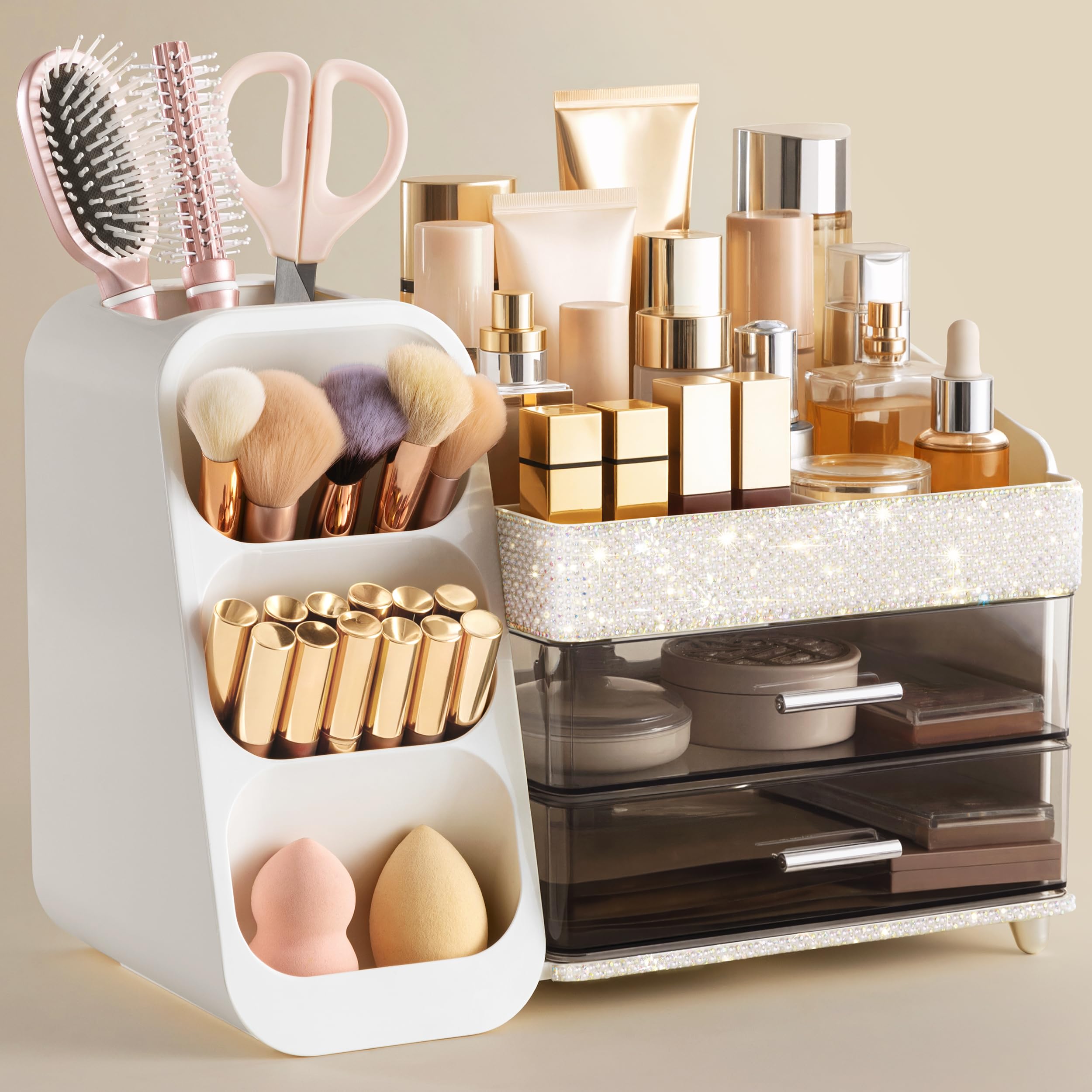 HBlife Makeup Organizer with Brush Holder for Vanity, Large Plastic Bathroom Countertop Organizer Skin Care Storage, Easy to Store Lipsticks, Nail Polishes, Perfumes, Eyeshadow Palettes, All Beige