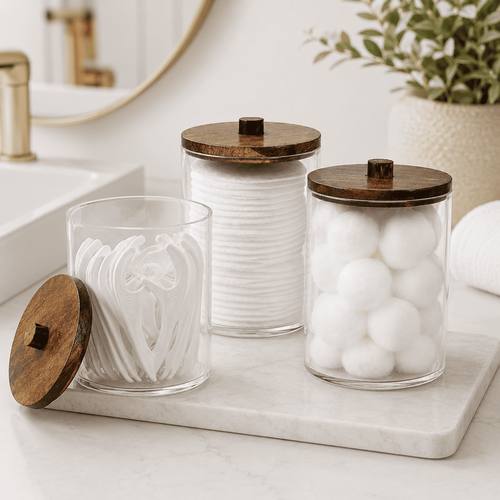 HBlife 4 Pack Qtips Holder Bathroom Container, 10/7 OZ Cotton Ball/Swabs Dispenser, Apothecary Jar Organizer for Storage Brown Wood Lids