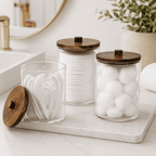 HBlife 4 Pack Qtips Holder Bathroom Container, 10/7 OZ Cotton Ball/Swabs Dispenser, Apothecary Jar Organizer for Storage Brown Wood Lids