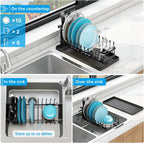 HBlife Expandable Sink Dish Drying Rack, Small Dish Rack Over Sink with Silicone Drying Tray, Sink Dish Drainer for Kitchen Counter with Cutlery Holder
