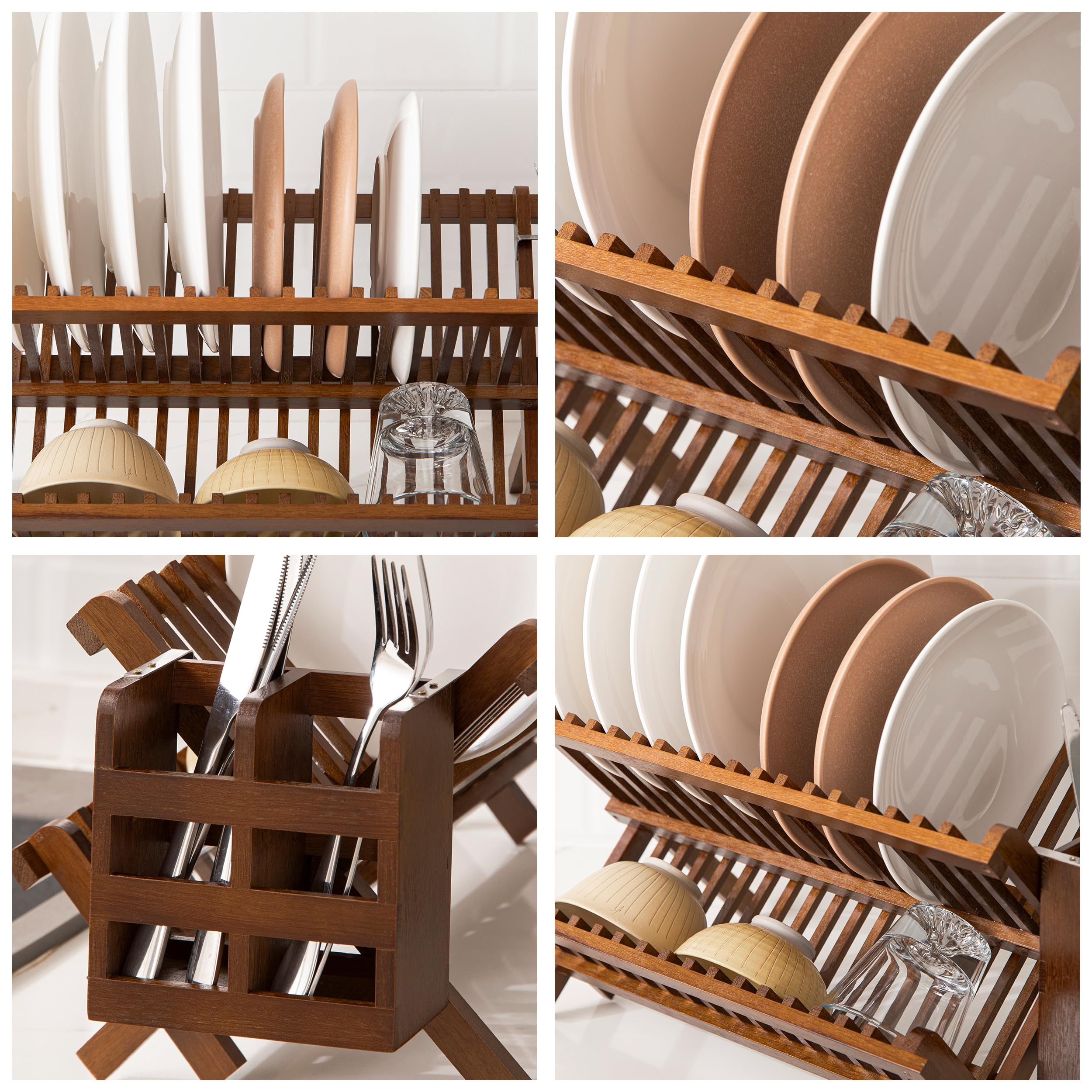 HBlife Dish Rack, Bamboo Folding 2-Tier Collapsible Drainer Dish Drying Rack with Utensils Flatware Holder Set (Dish Rack with Utensil Holder)